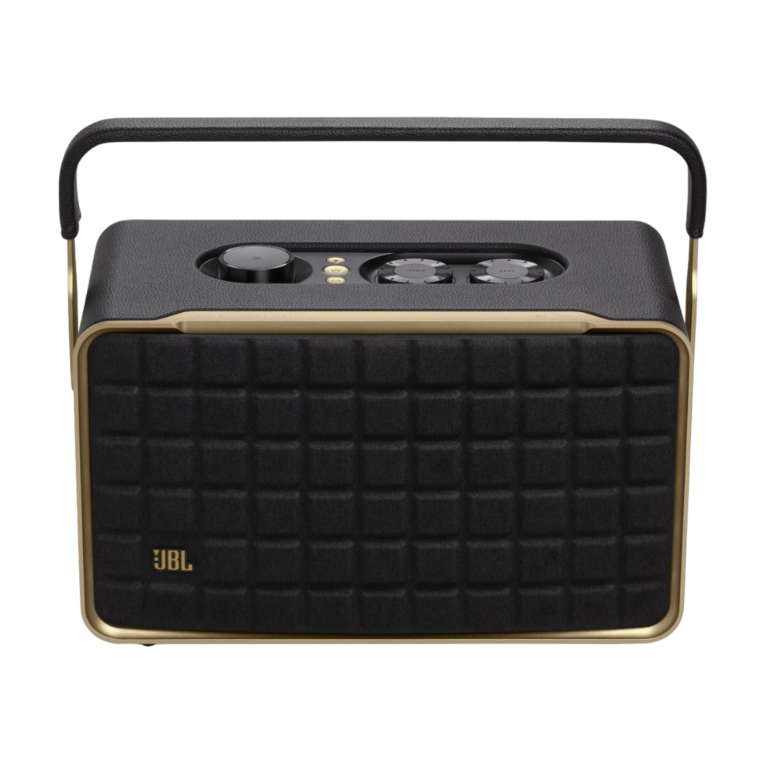 Altoparlante JBL nero con dettagli dorati e maniglia, su sfondo nero.