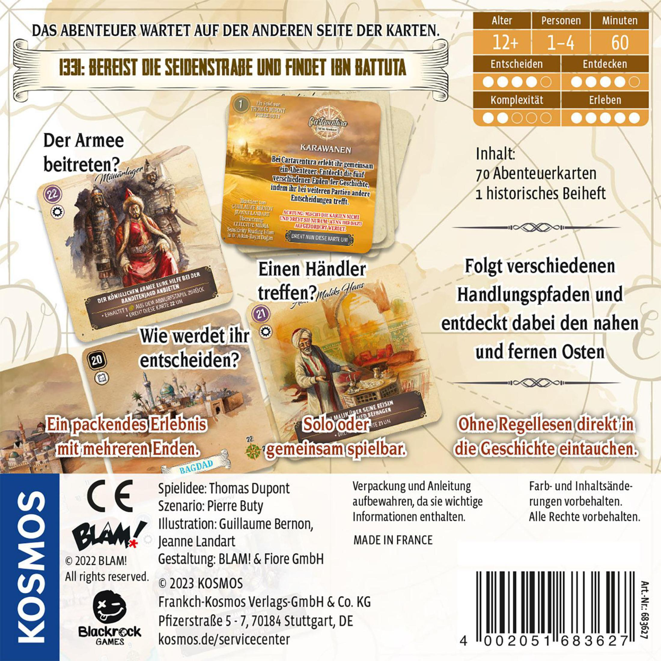 Brettspiel mit Karten und Text in mehreren Sprachen. Der Titel lautet '1331. Reise die Seidenstraße'.