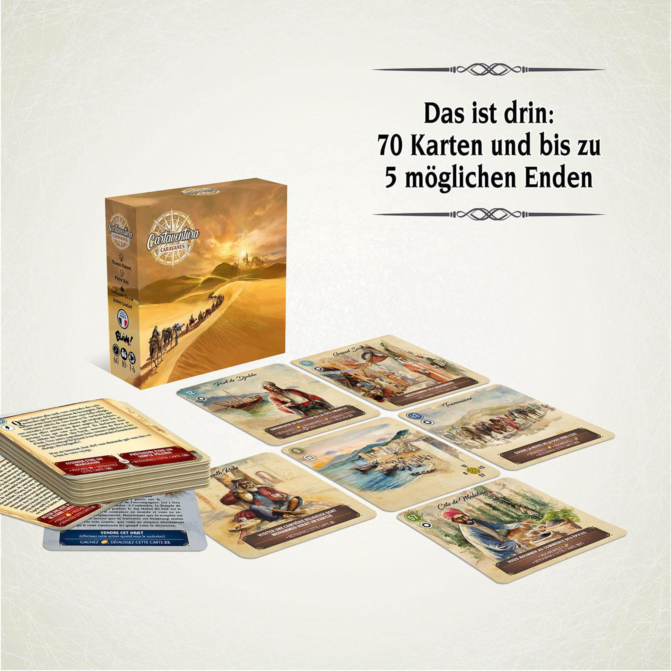 Brettspielbox mit Karten und einer Box; Karten zeigen Bilder einer Wüstenlandschaft.