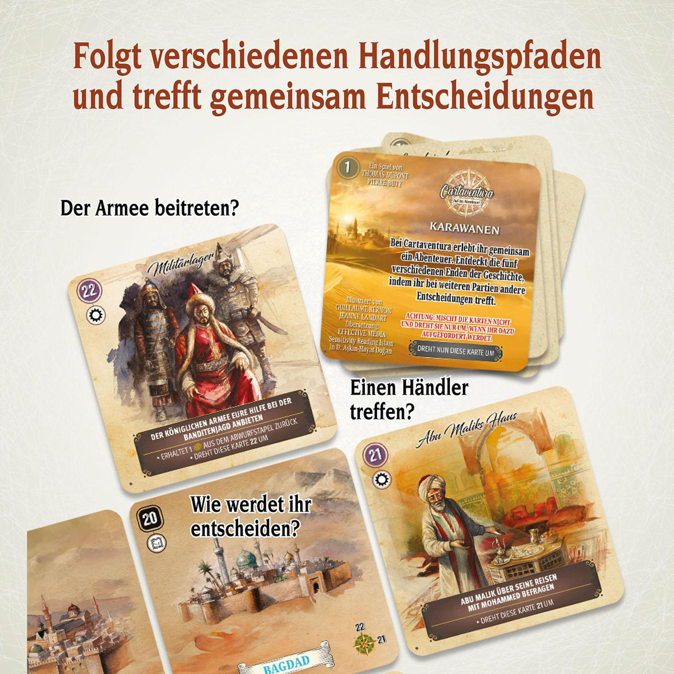 Spielkarten, die verschiedene Charaktere und Szenen aus einer Fantasy-Umgebung zeigen.