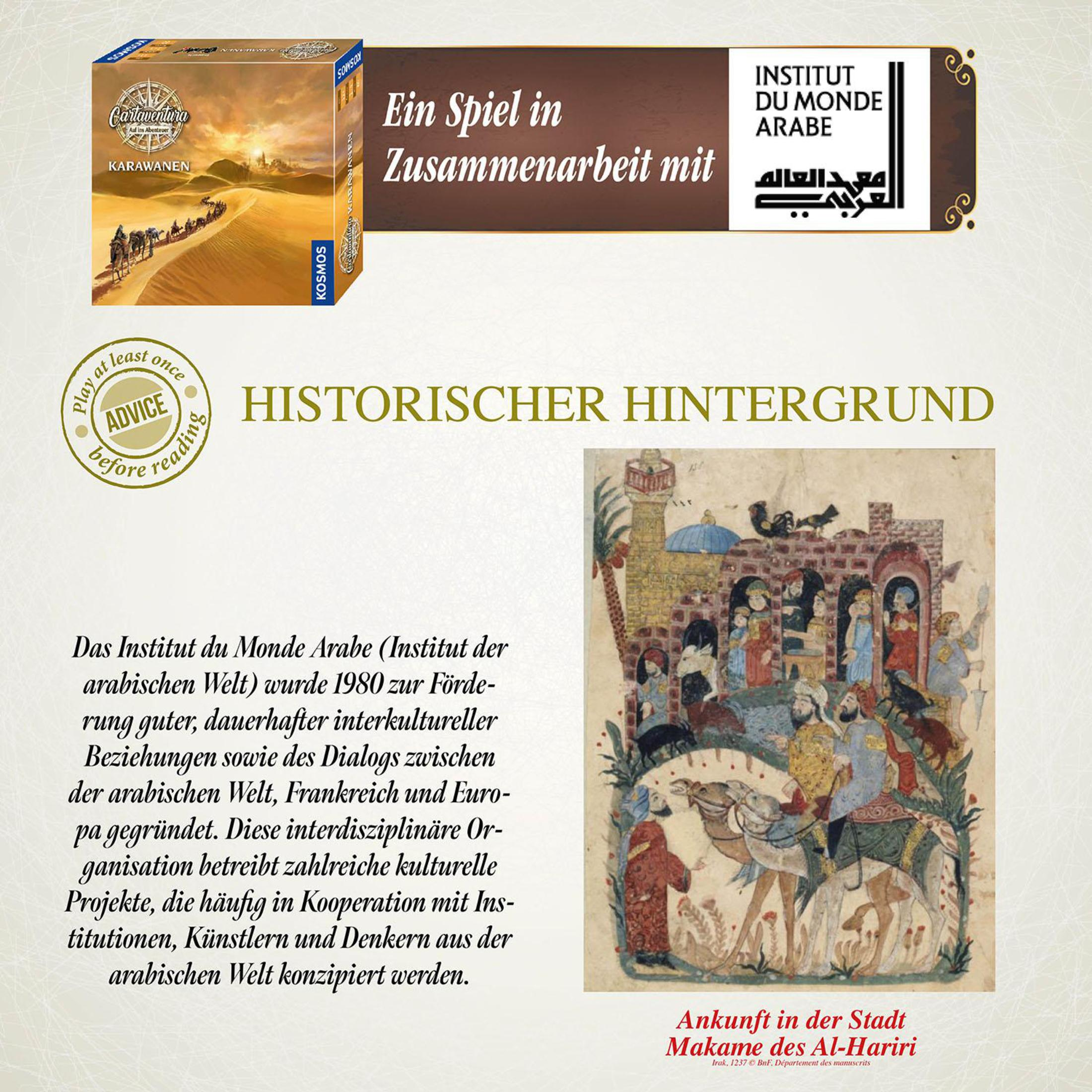 Eine Brettspielbox mit Text, Illustrationen und einem historischen Hintergrundabsatz.