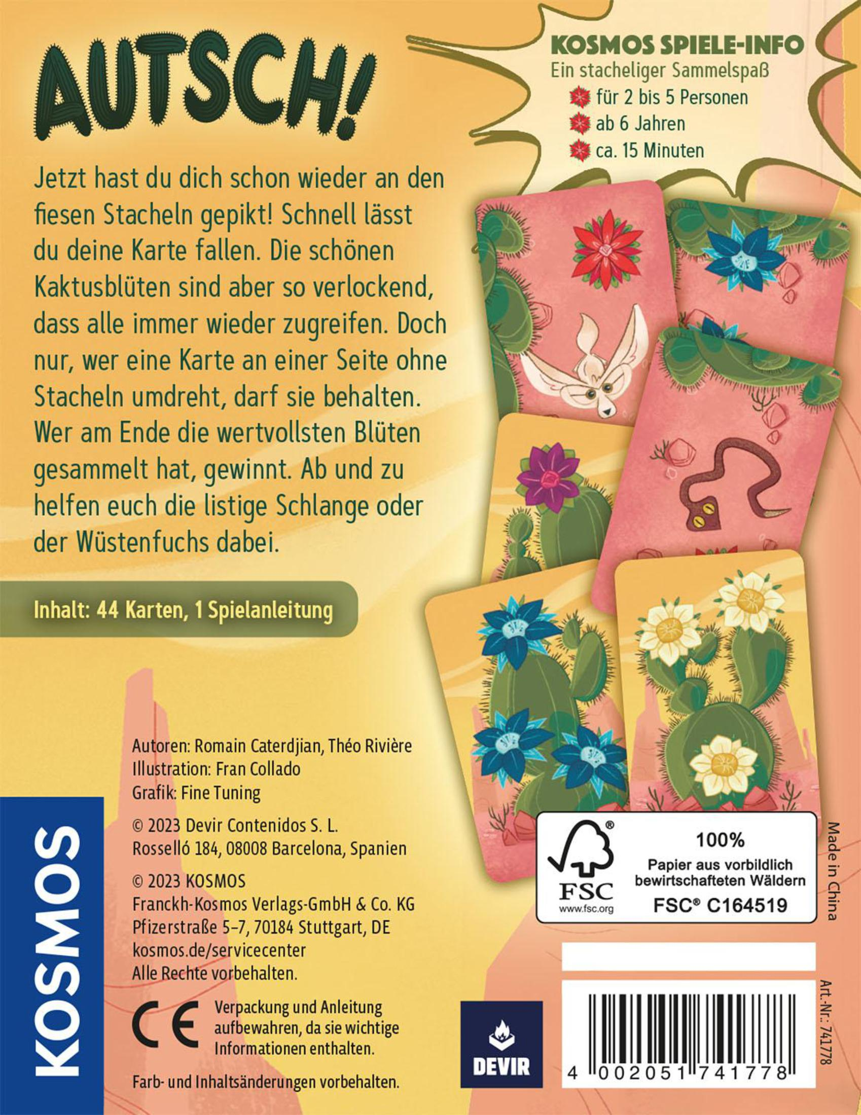 Une boîte de jeu avec un cactus dessus. Le texte dit 'AUTSCH!' et contient les instructions du jeu.