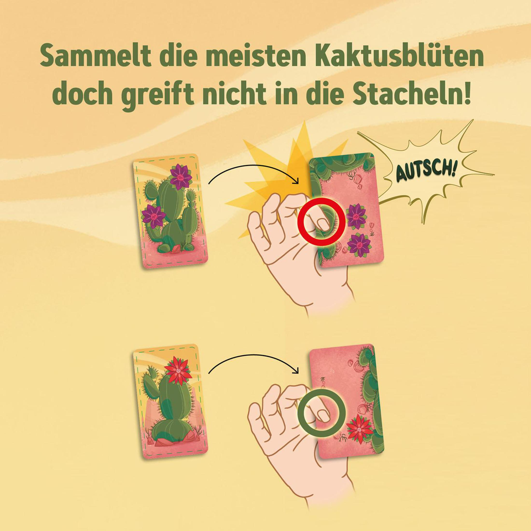 Un jeu montrant des mains touchant des cartes, avec une illustration de cactus de dessin animé.