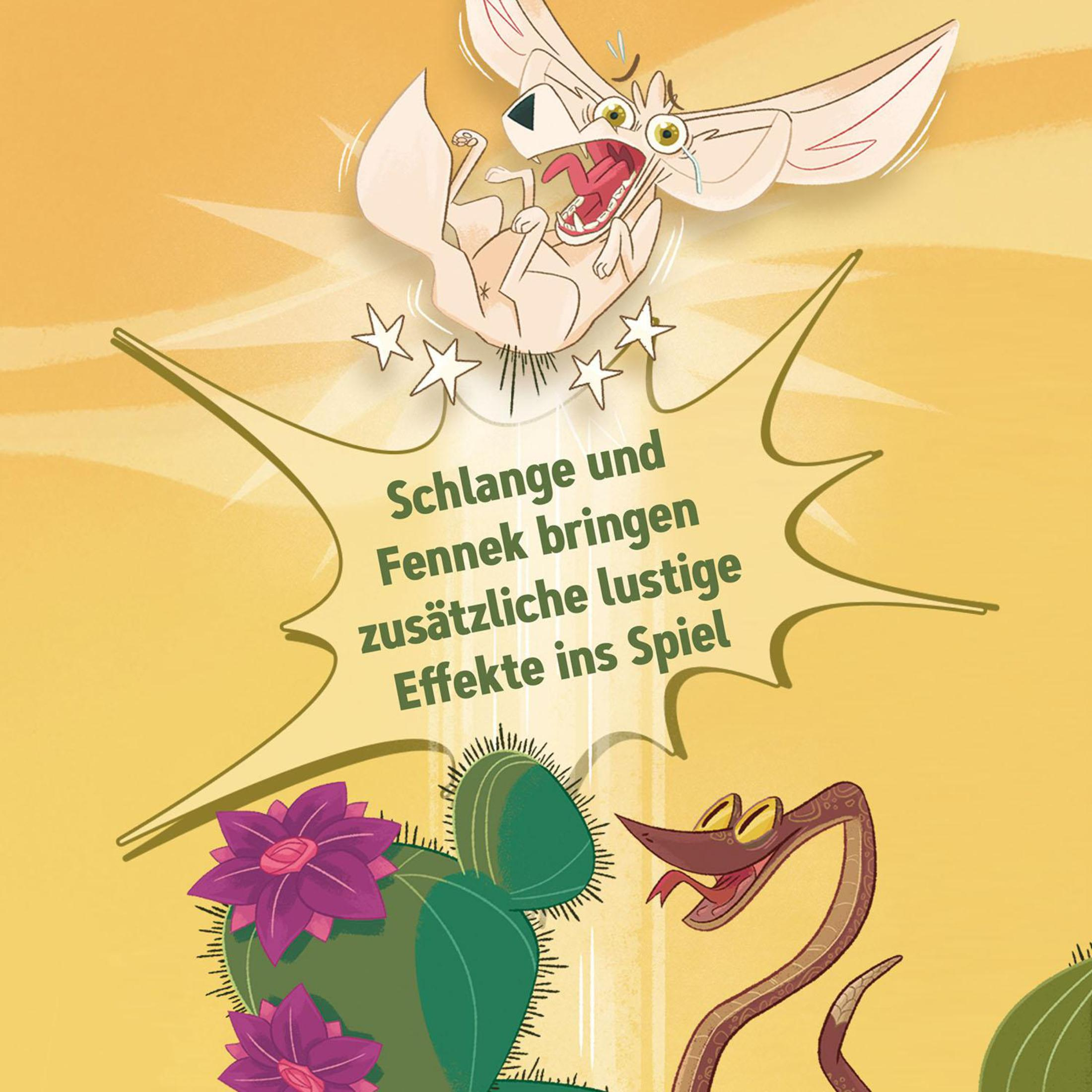 Illustration de dessin animé avec un serpent, un cactus et un renard surpris.