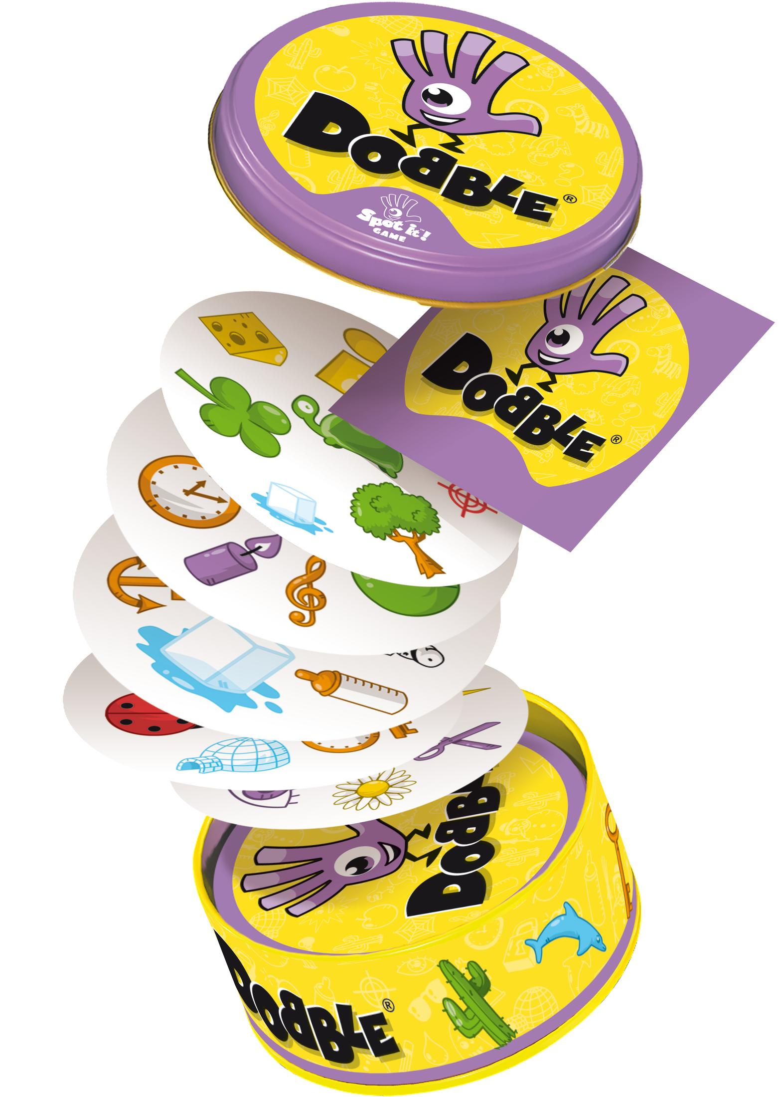 Une boîte et un couvercle jaunes avec des cartes colorées. Le jeu s'appelle 'Dobble' avec divers symboles.
