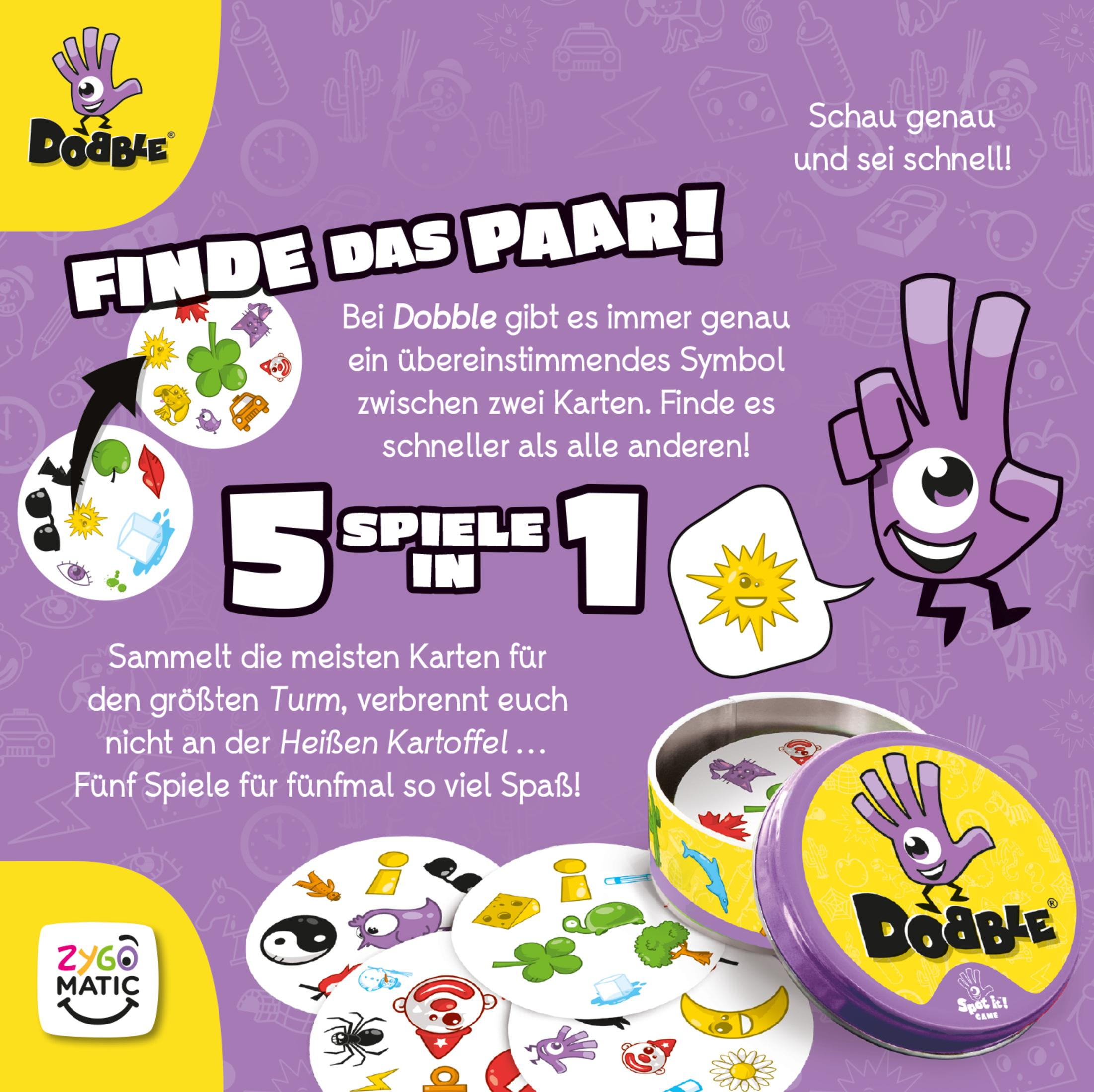Boîte de jeu de cartes Dobble et cartes. Divers symboles sur les cartes, avec le logo Dobble.