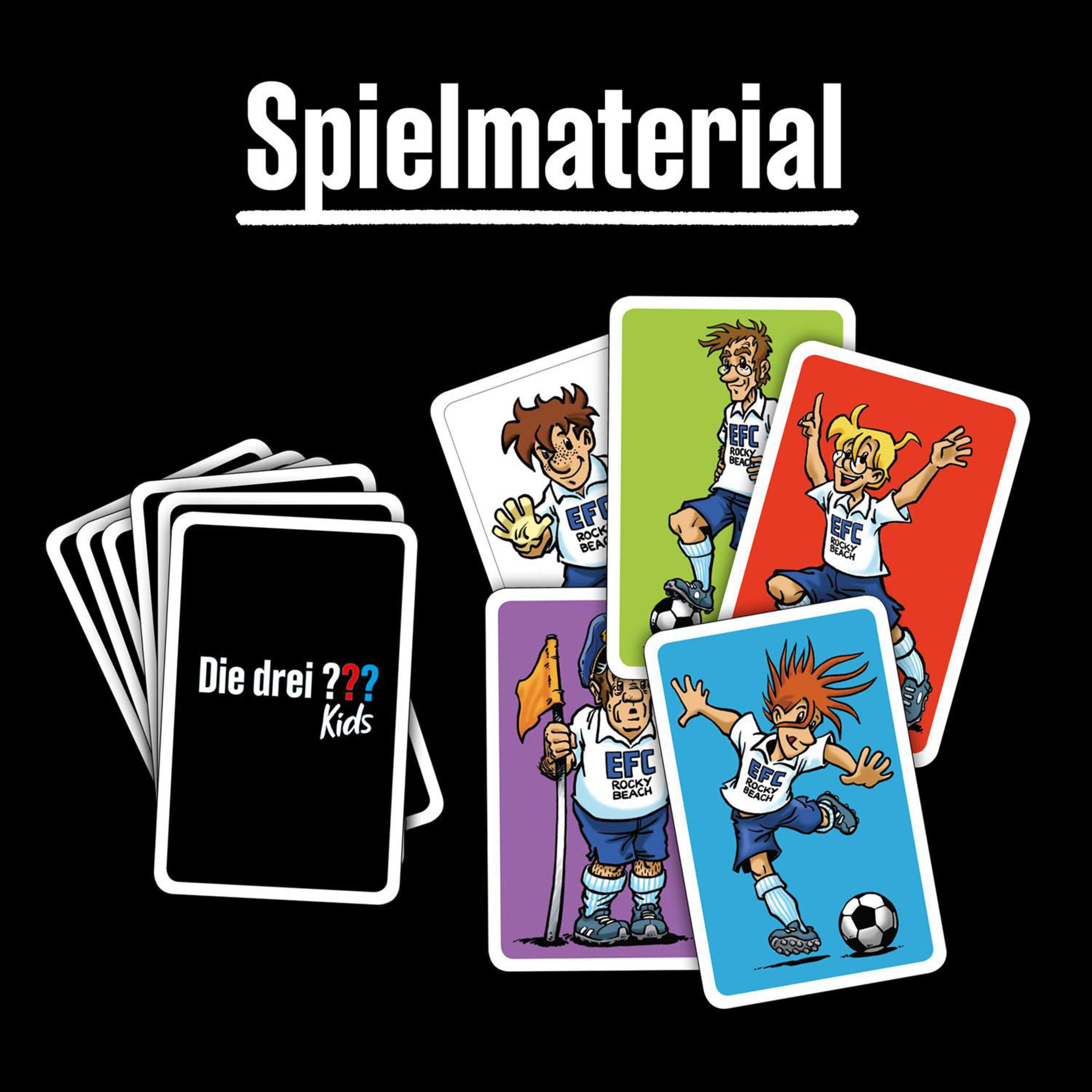 Illustration von Kindern, die Karten mit Fußballthema spielen, Text auf Deutsch.