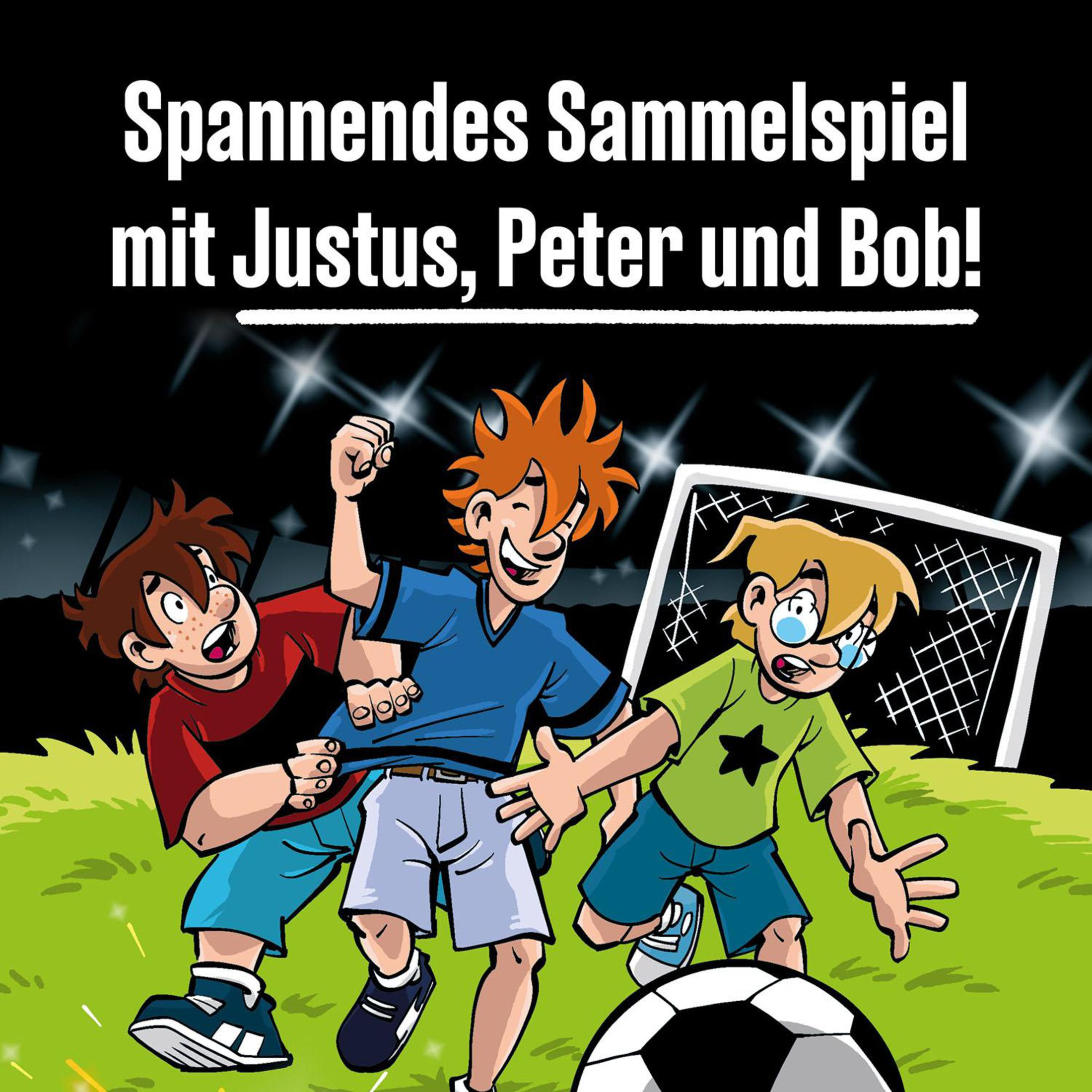 Comic-Illustration von drei Jungen beim Fußballspielen, Text: „Spannendes Sammelspiel“.