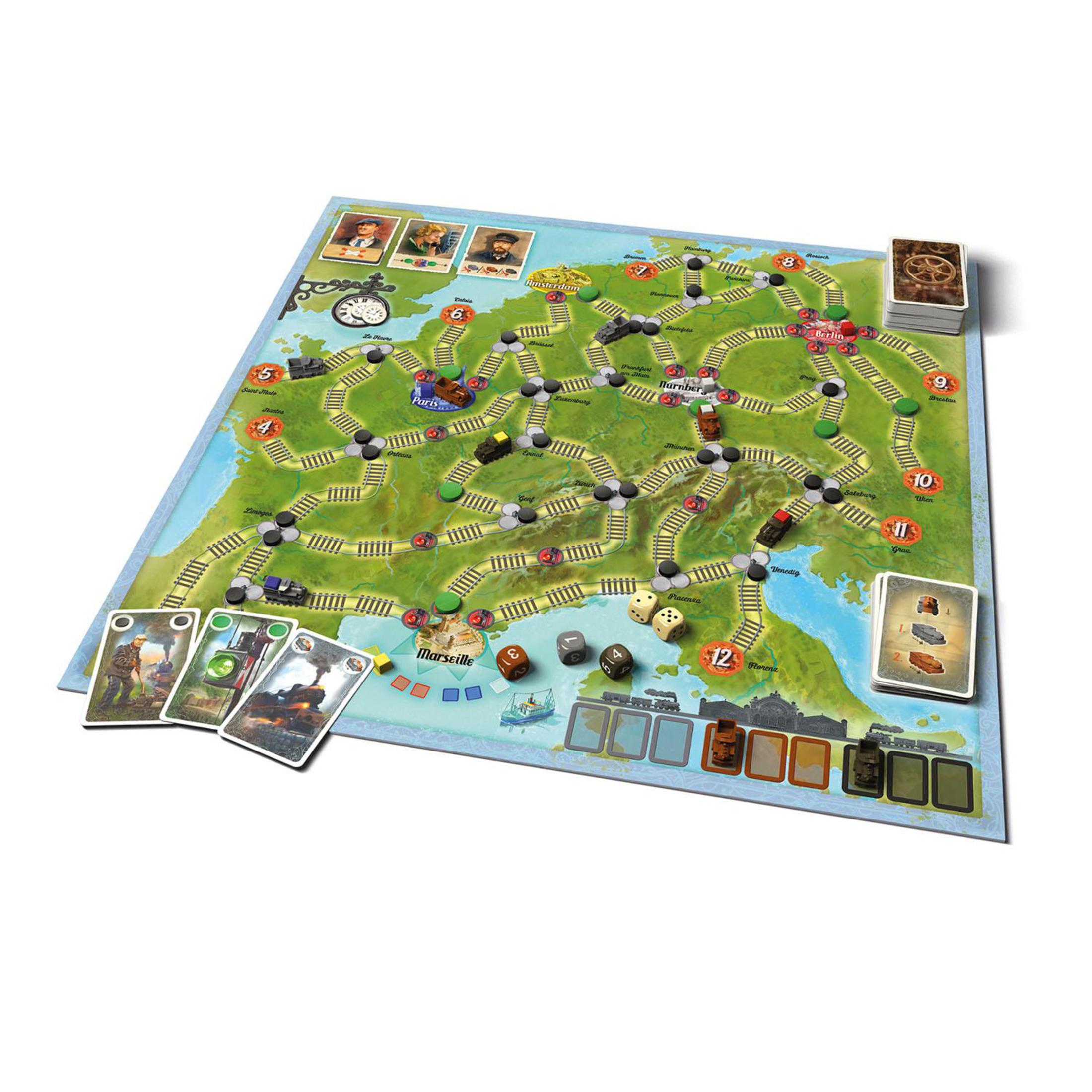 Brettspiel mit Karte, Karten, Würfeln und Zugteilen, spielbereit.