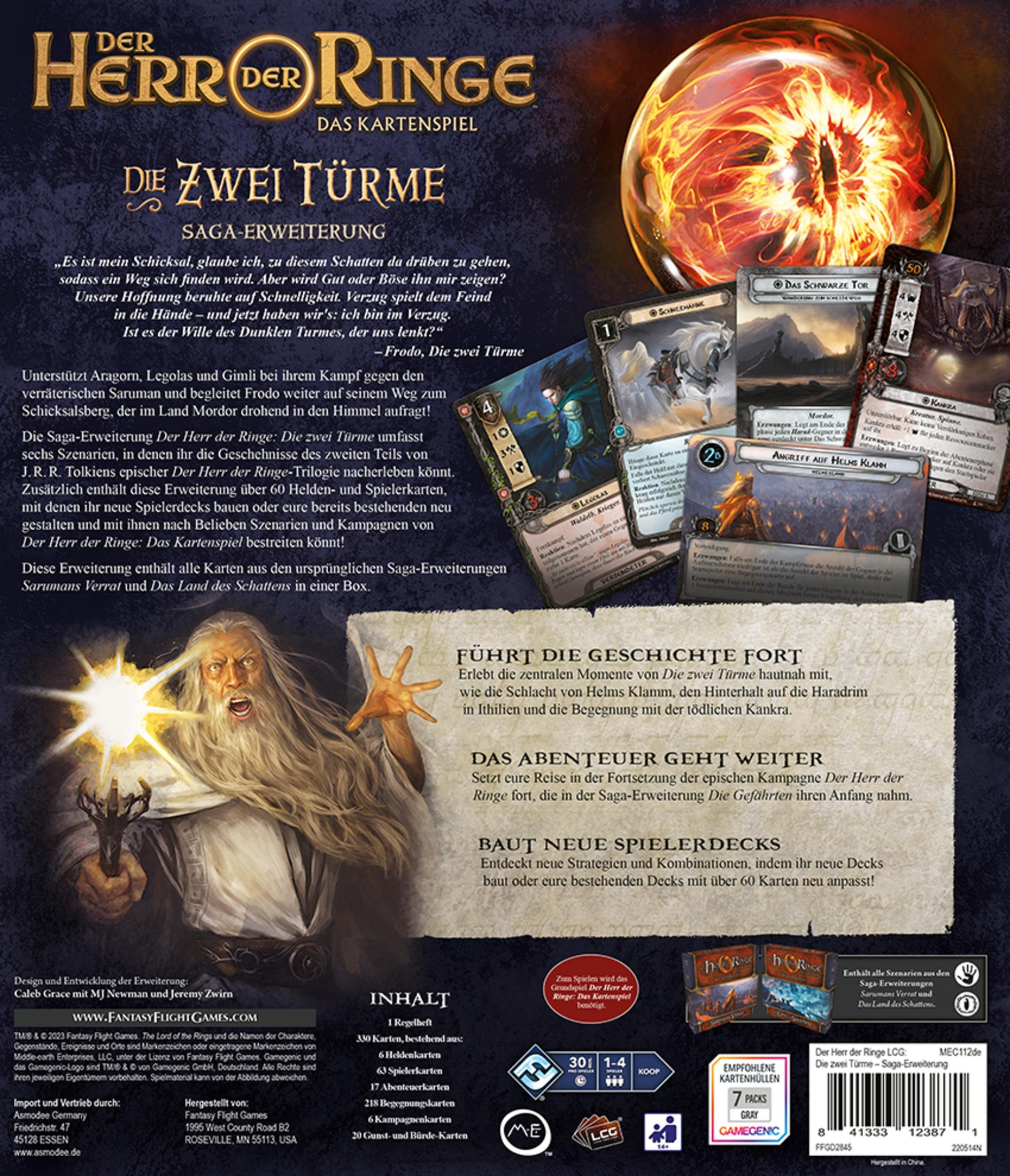 Rückseite einer Kartenspielbox. Zeigt Karten, eine leuchtende Kugel und Text auf Deutsch.