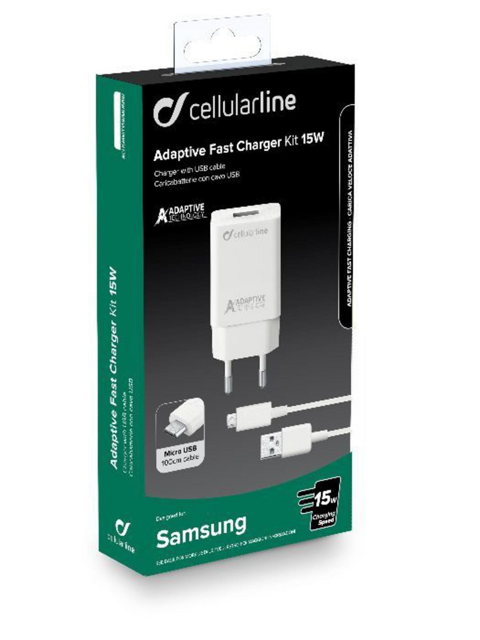 Verpackung eines Cellularline 15W Schnellladegeräts mit USB-Kabel für Samsung.