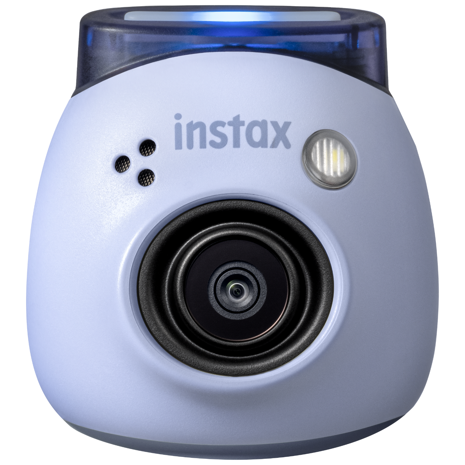 Wyświetlana jest jasnoniebieska kamera natychmiastowa Instax. Ma obiektyw, lampę błyskową i górne światło.