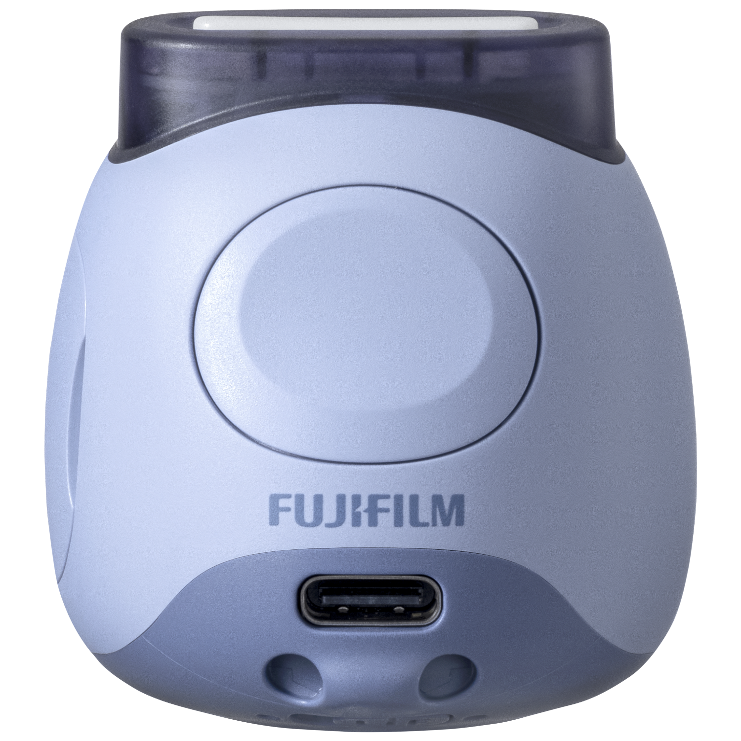 Aparat FujiFilm, jasnoniebieski z ciemnoszarą górą i portem USB.