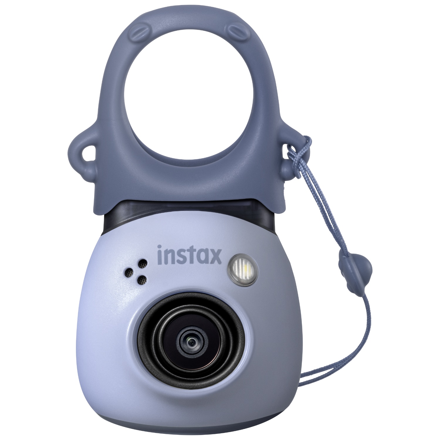Mały, jasnoniebieski aparat Instax z szarym uchwytem i paskiem, na czarnym tle.