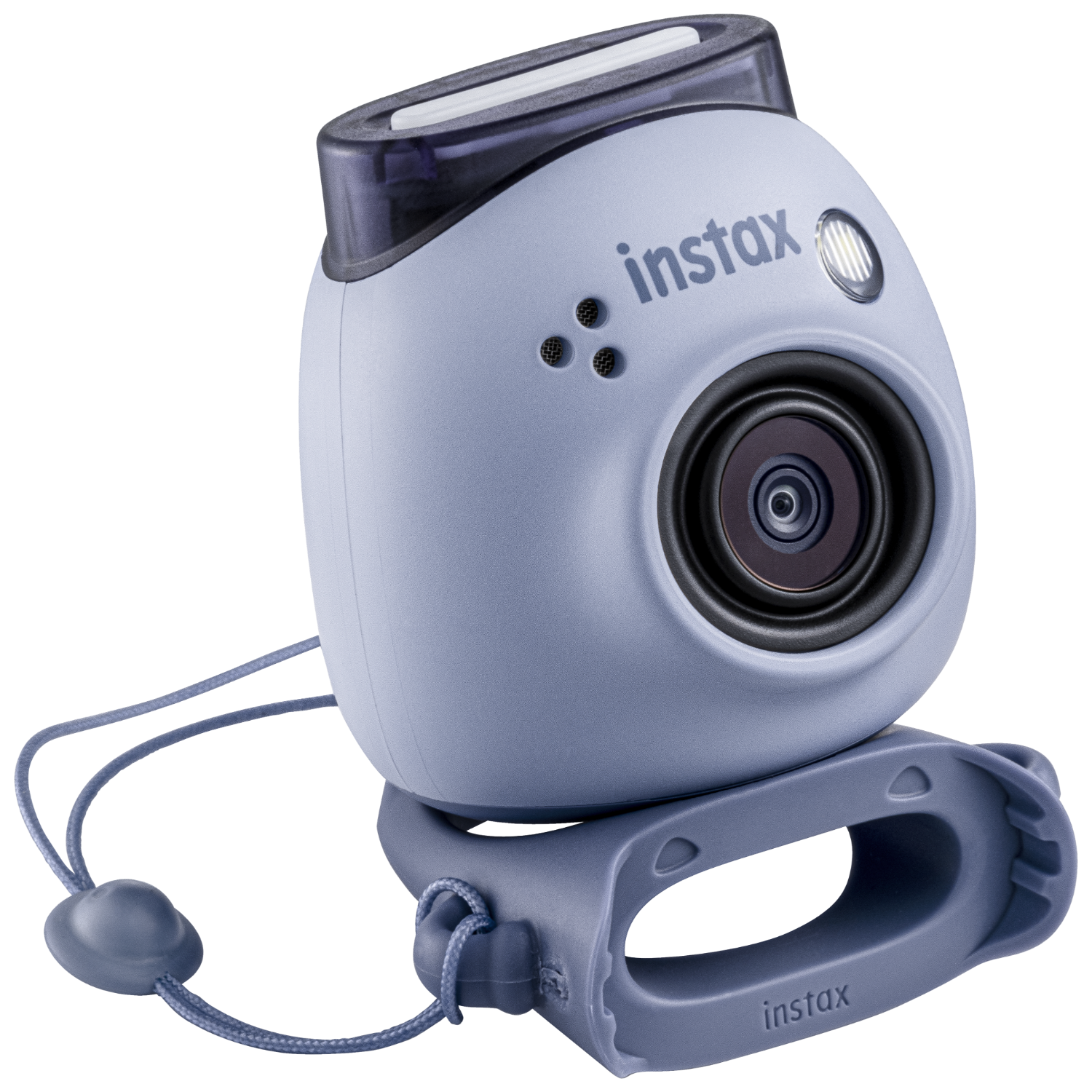 Niebieski aparat Instax z obiektywem, lampą błyskową i paskiem. Ma zaokrąglony kształt.