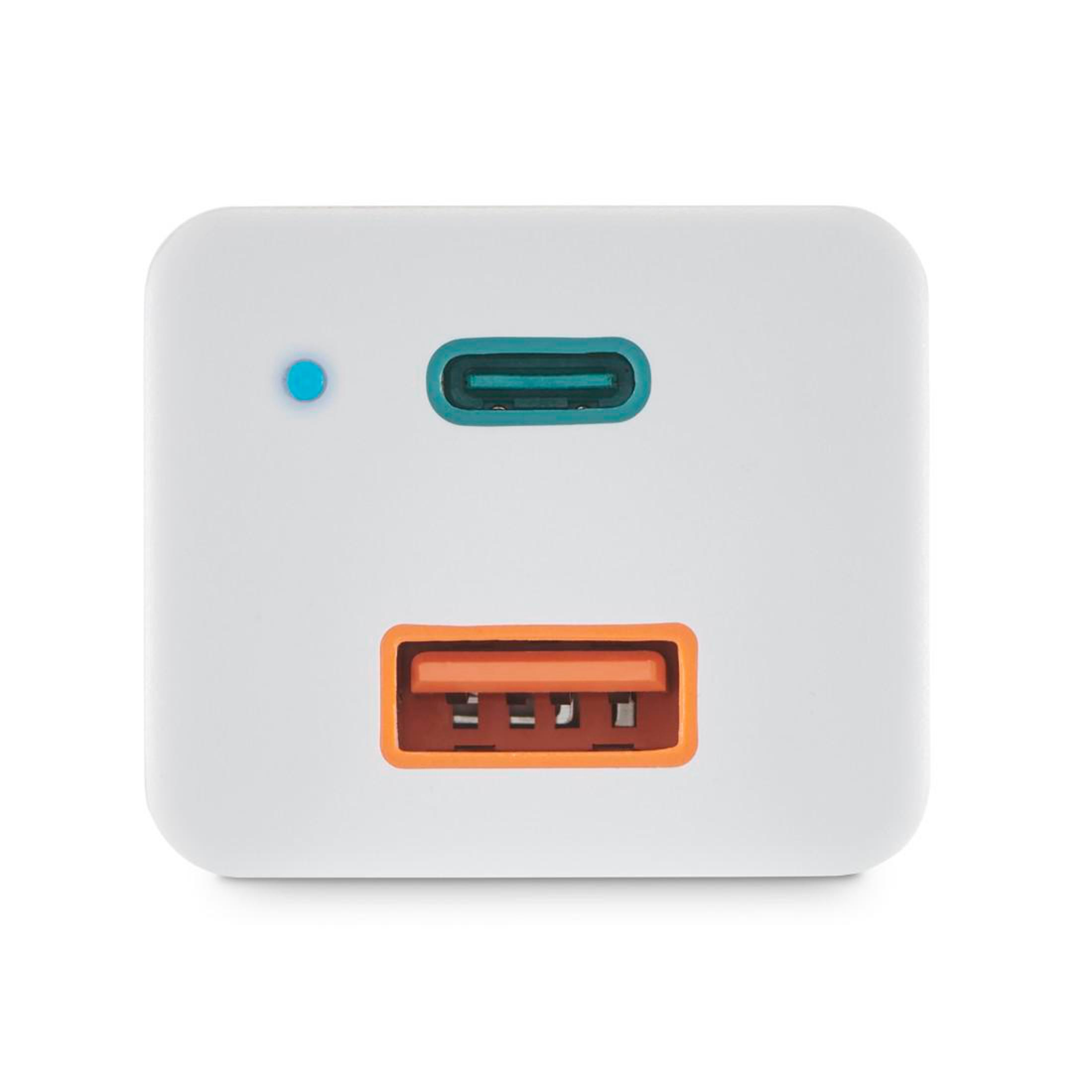 Biały zasilacz z dwoma portami USB (jeden zielony, jeden pomarańczowy) i niebieskim światłem.