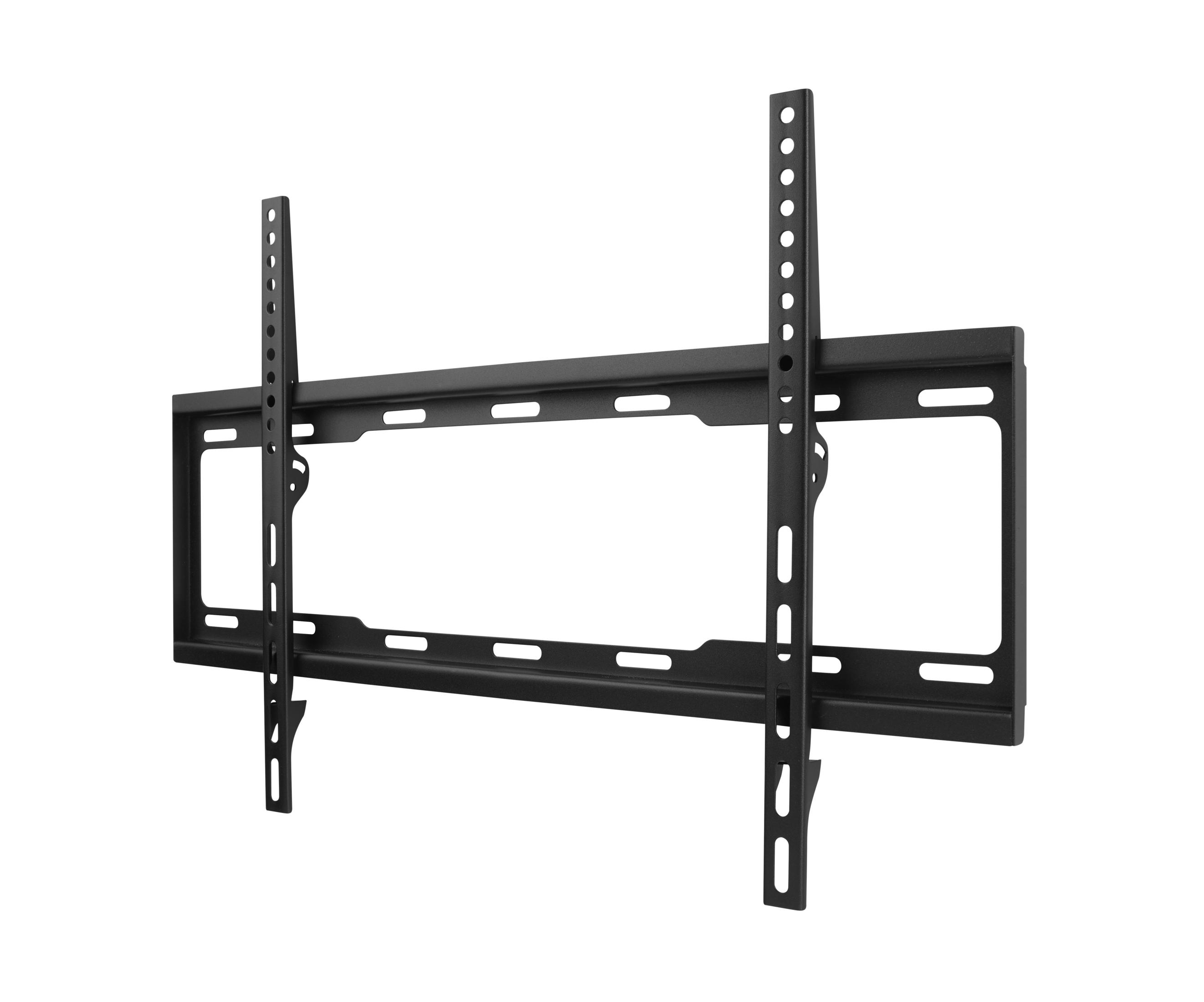Zwarte tv-beugel voor wandmontage. Het heeft twee verticale rails en een rechthoekig frame.