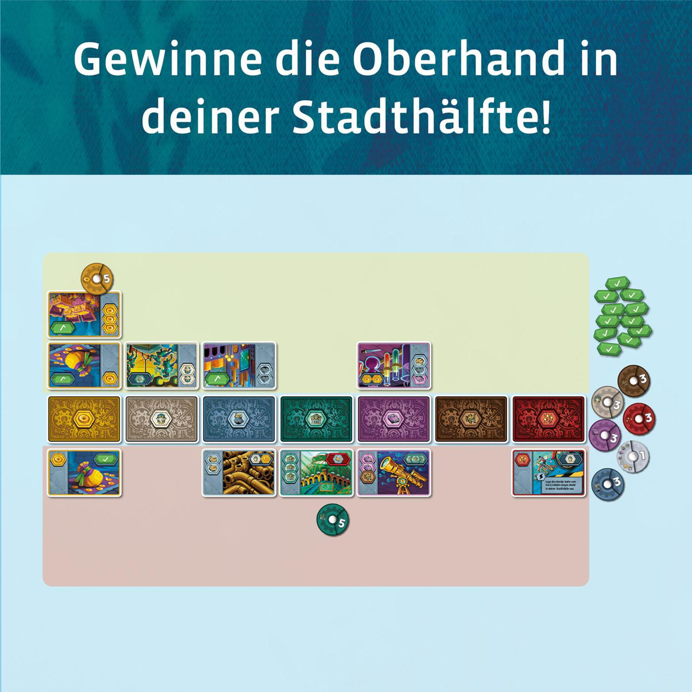 Układ gry planszowej z kartami i żetonami, z niemieckim tekstem: 'Gewinne die Oberhand...'