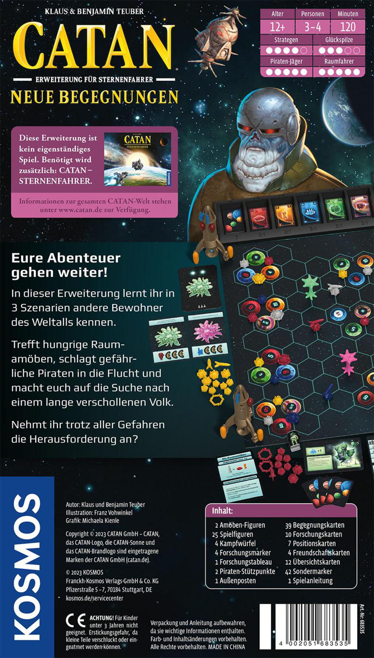 Pudełko gry planszowej Catan. Zawiera motyw kosmiczny z astronautami i obcymi.