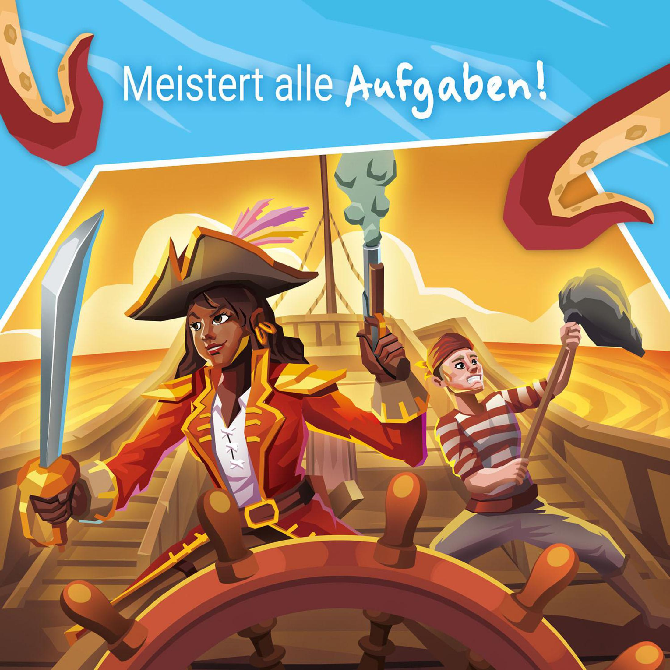 Piratin mit Schwert und Mann mit Kanone auf Schiff. Text 'Meistert alle Aufgaben!' darüber.