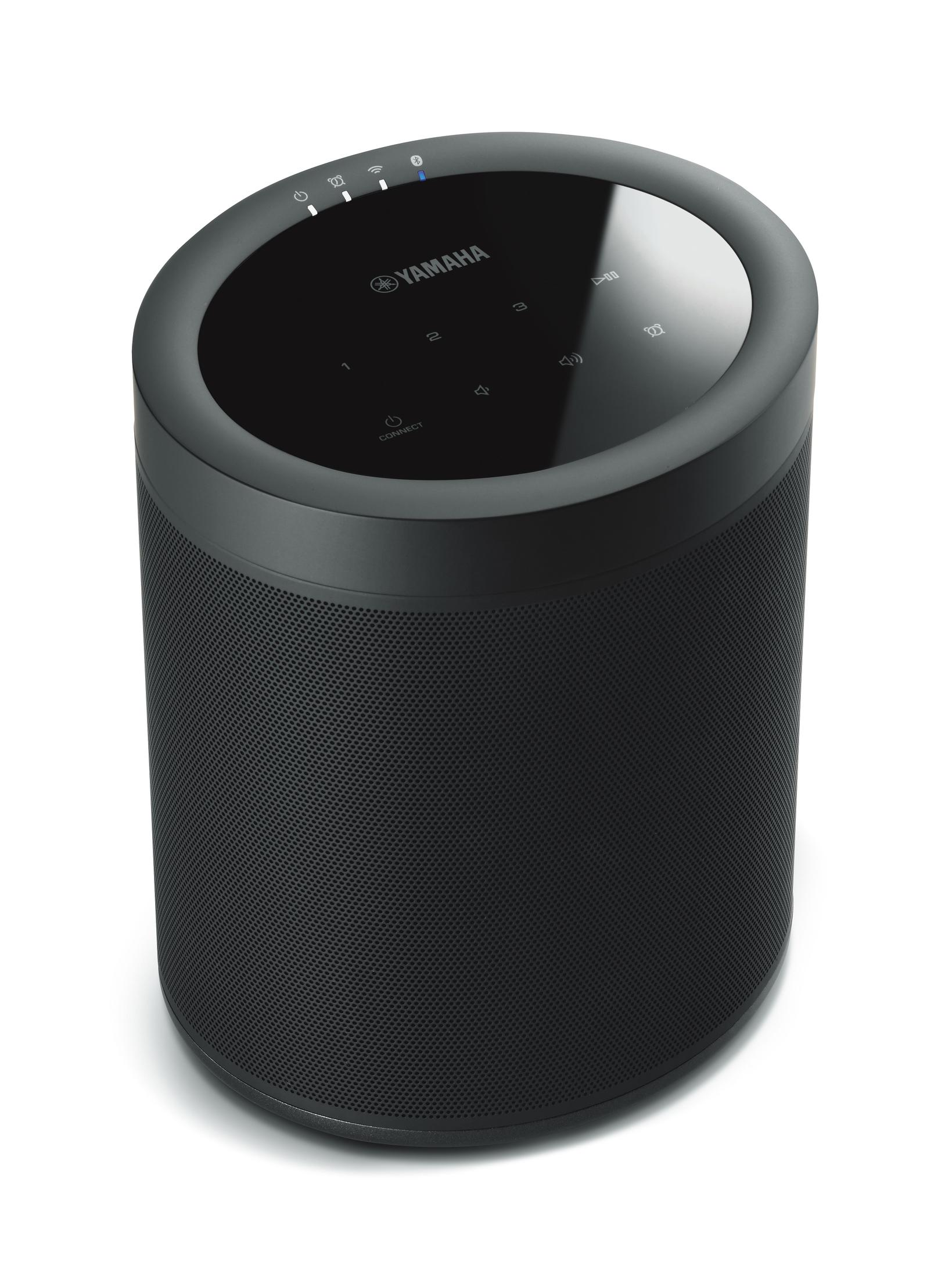 Enceinte Yamaha noire. Cylindrique avec dessus noir et commandes.