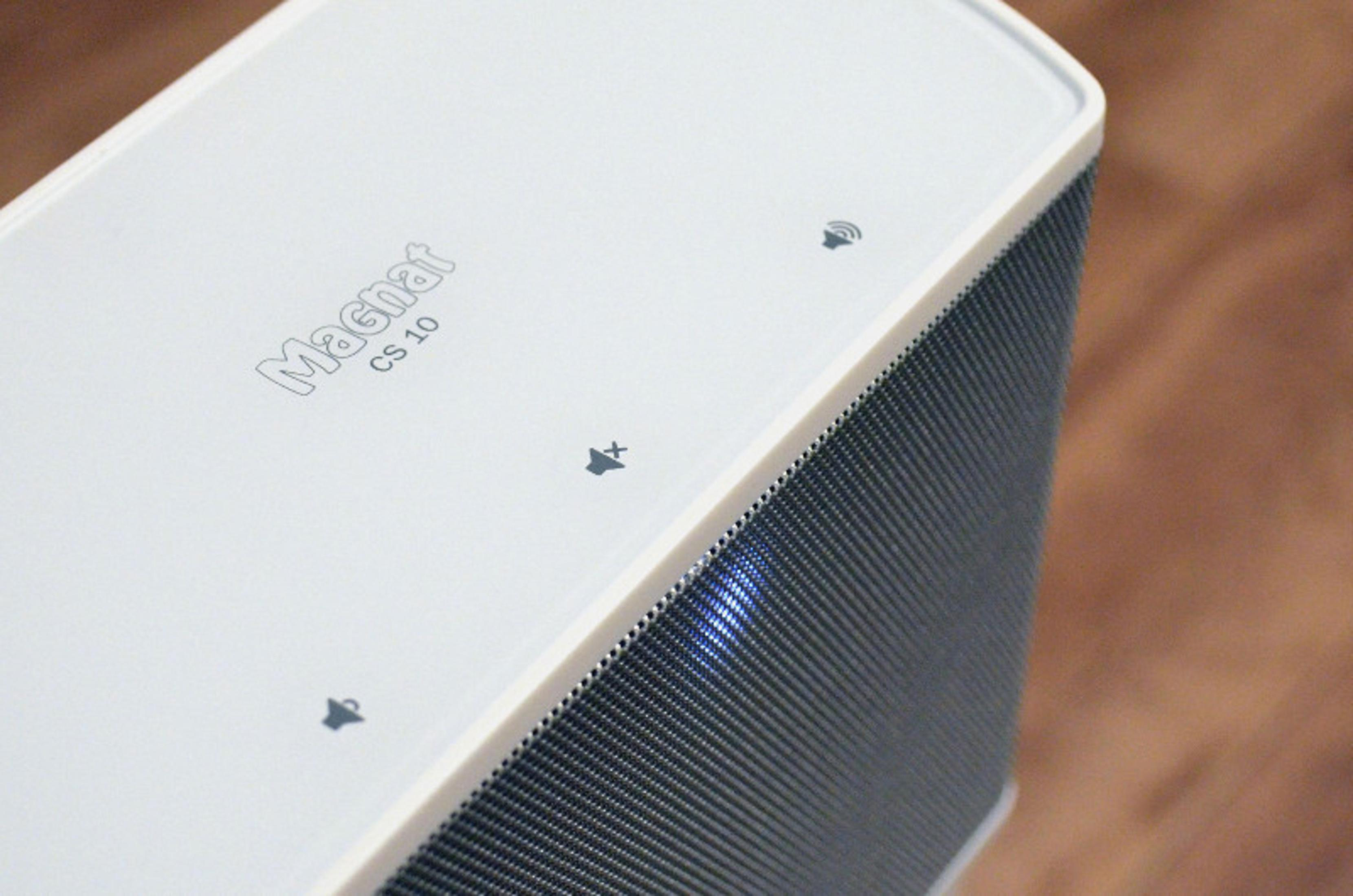 Close-up of a white speaker with 