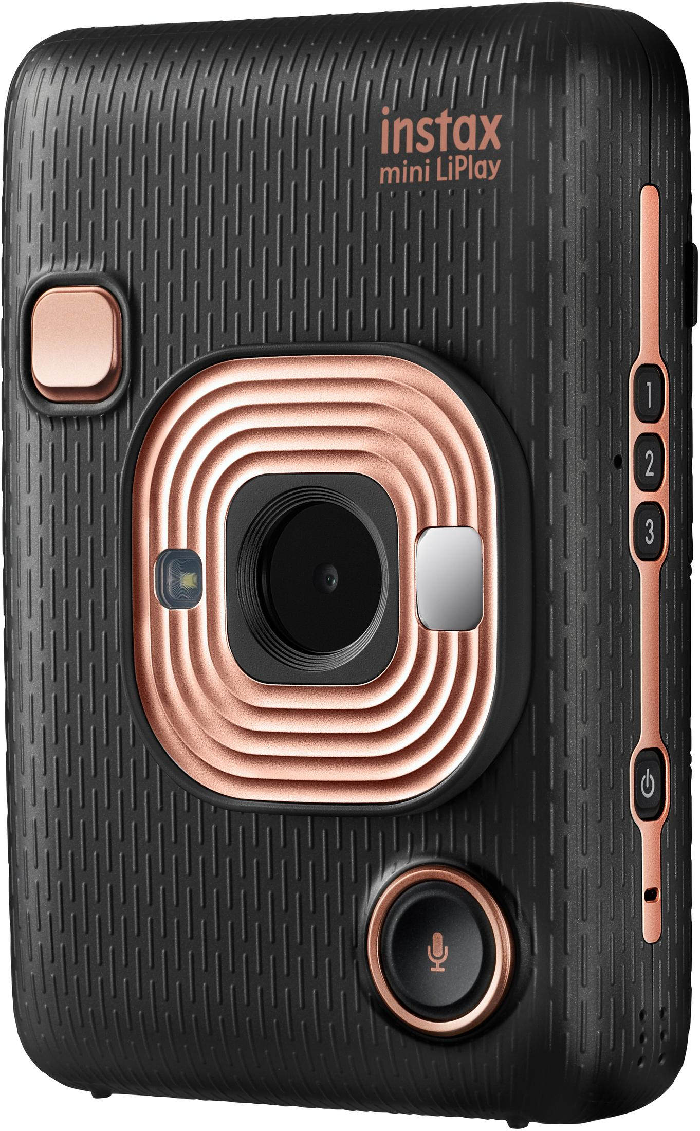 Fotocamera Instax Mini LiPlay nera con dettagli oro rosa e pulsanti. Mostra numeri sul lato.