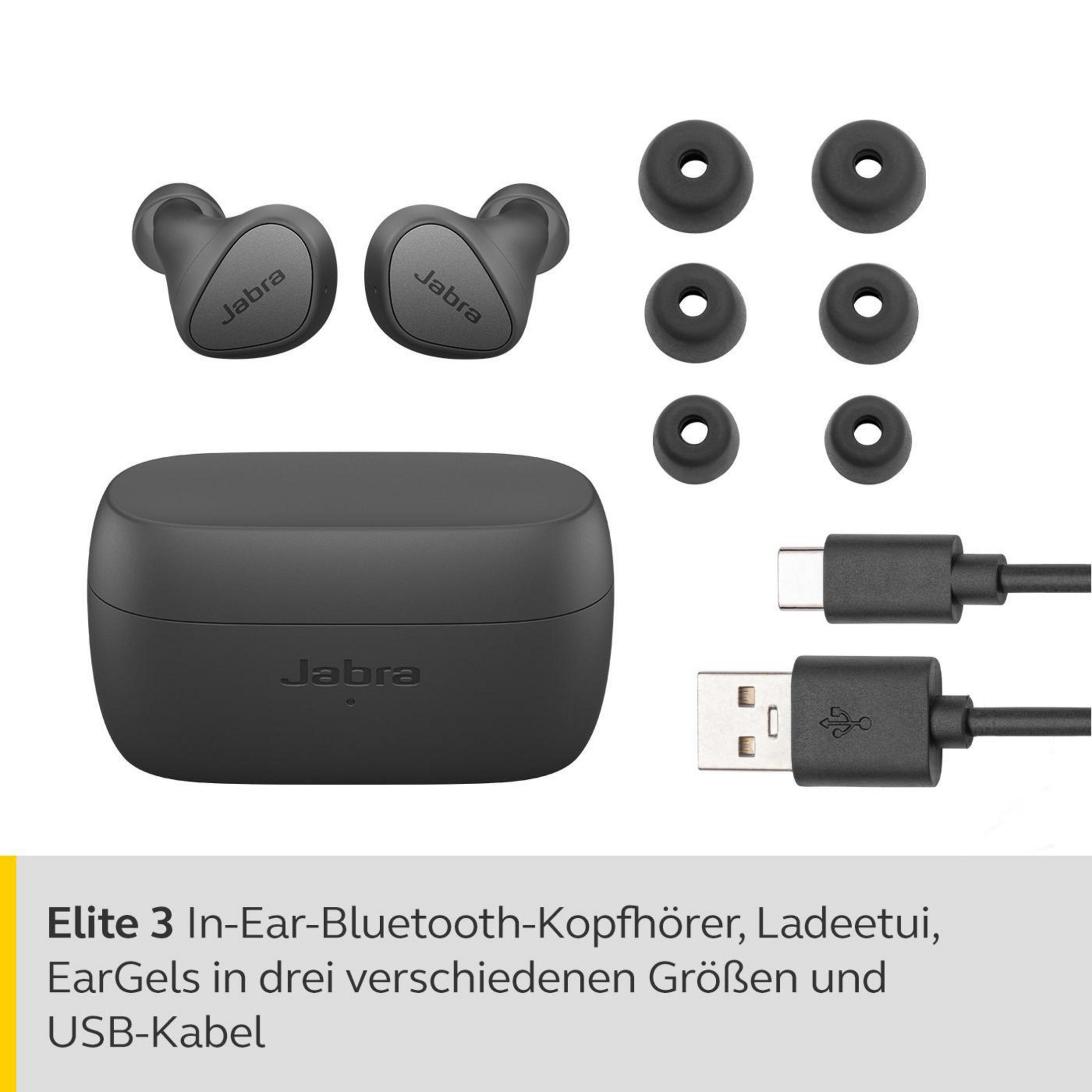 Siyah Jabra Elite 3 kulaklıklar, şarj kutusu ve aksesuarlar. USB kablosu dahil.