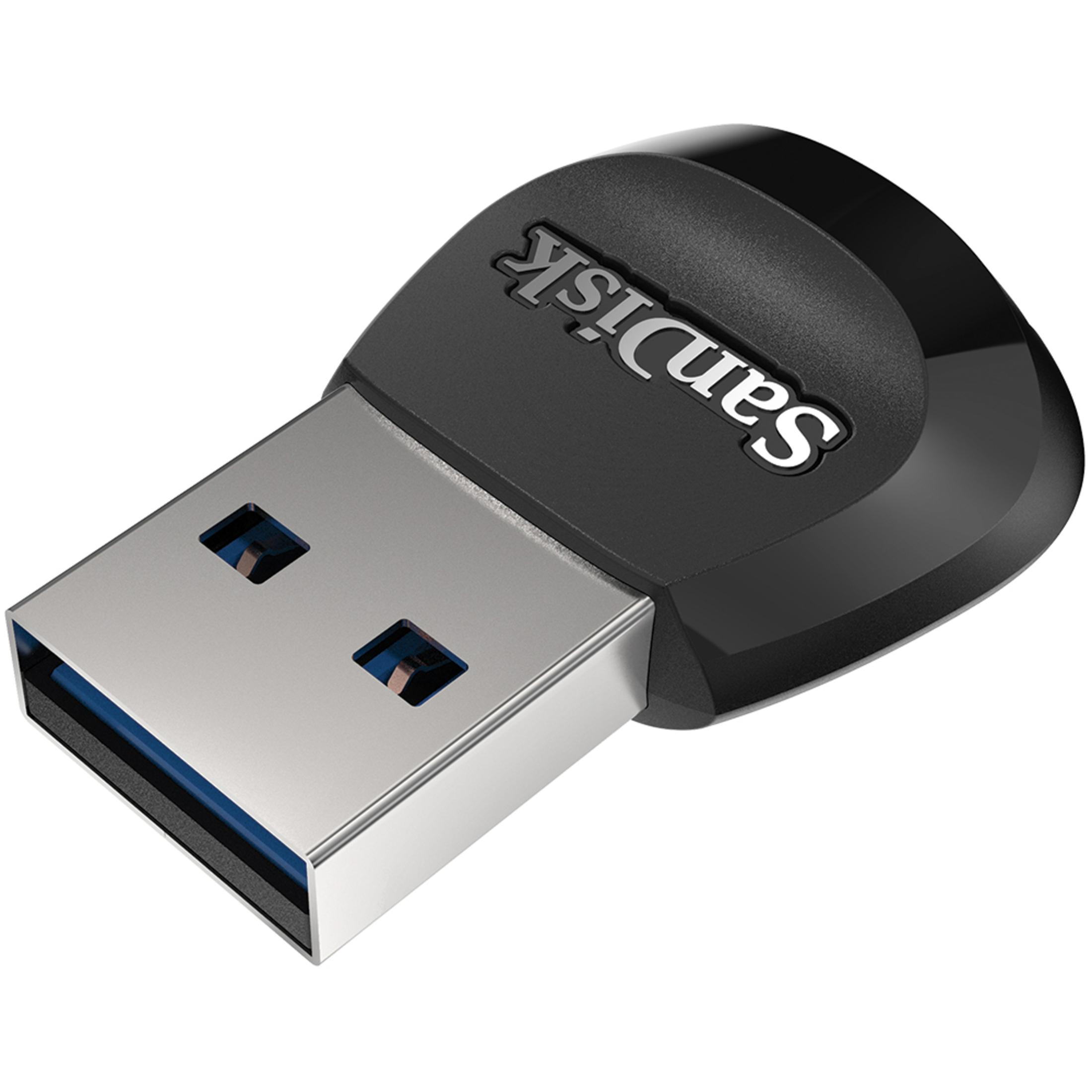 Ein schwarzer SanDisk USB-Stick mit silbernem Anschluss auf weißem Hintergrund.