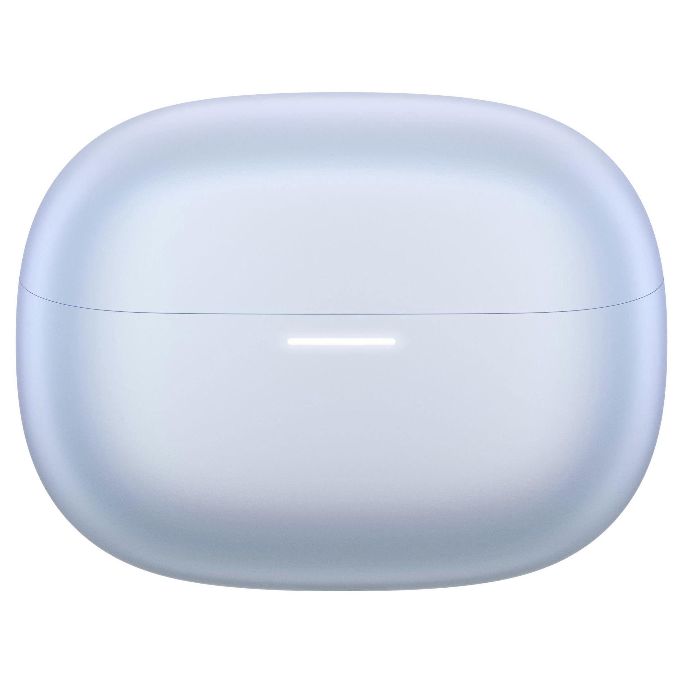 Jasnoniebieskie etui na bezprzewodowe słuchawki z białą linią. Ma zaokrąglony kształt.