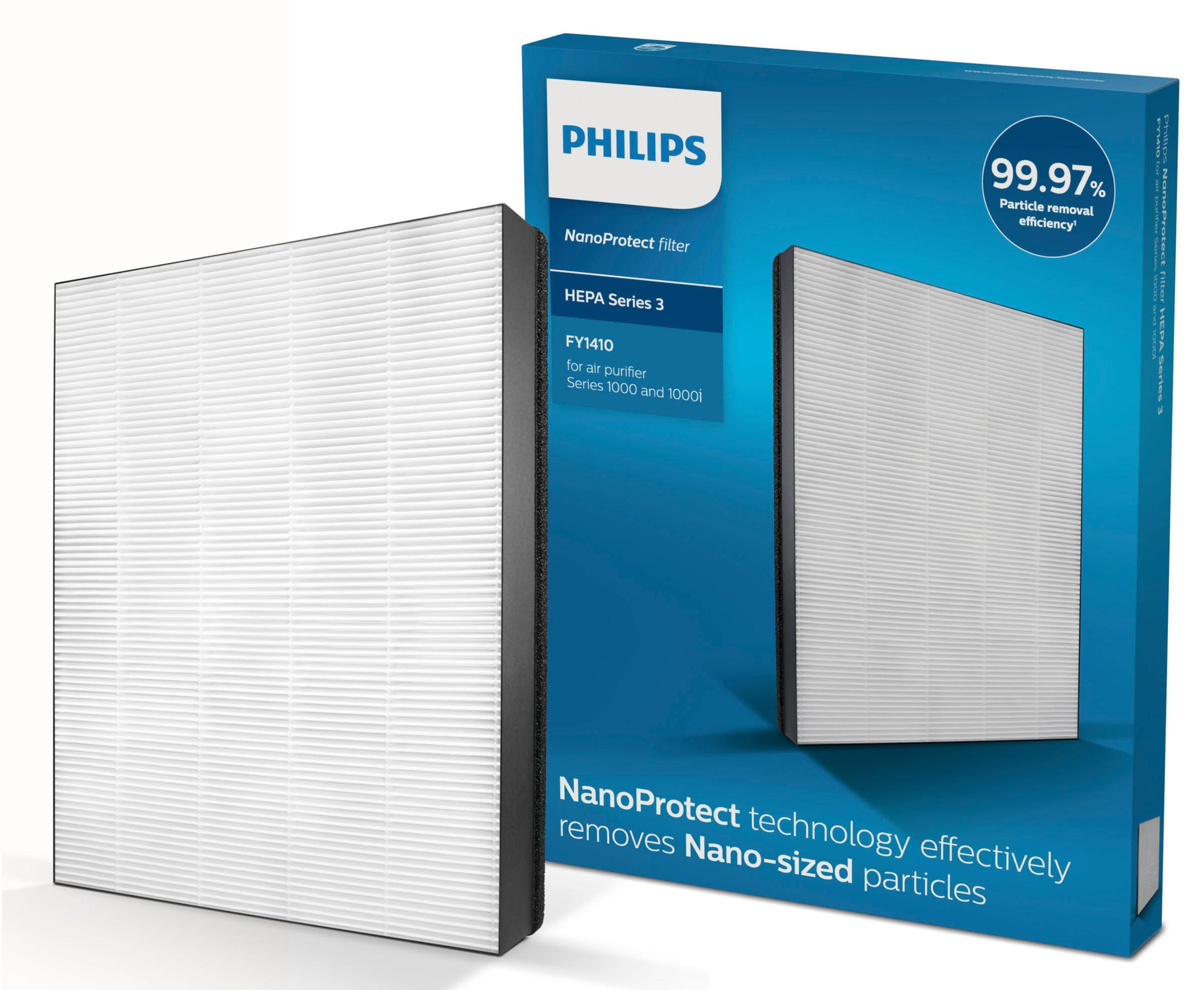 Luftfilter und dessen Box. Der Filter ist weiß, die Box blau und weiß.