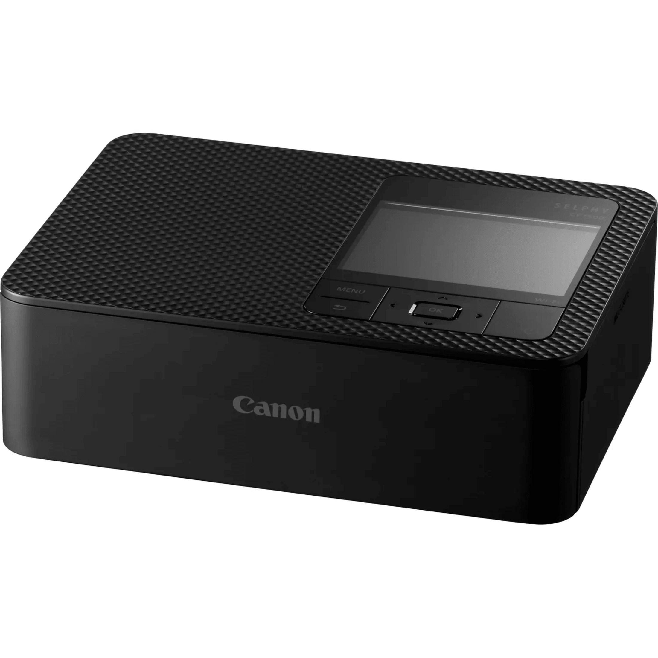 Een zwarte Canon Selphy printer met een getextureerde bovenkant en een beeldscherm. Het Canon logo is zichtbaar.