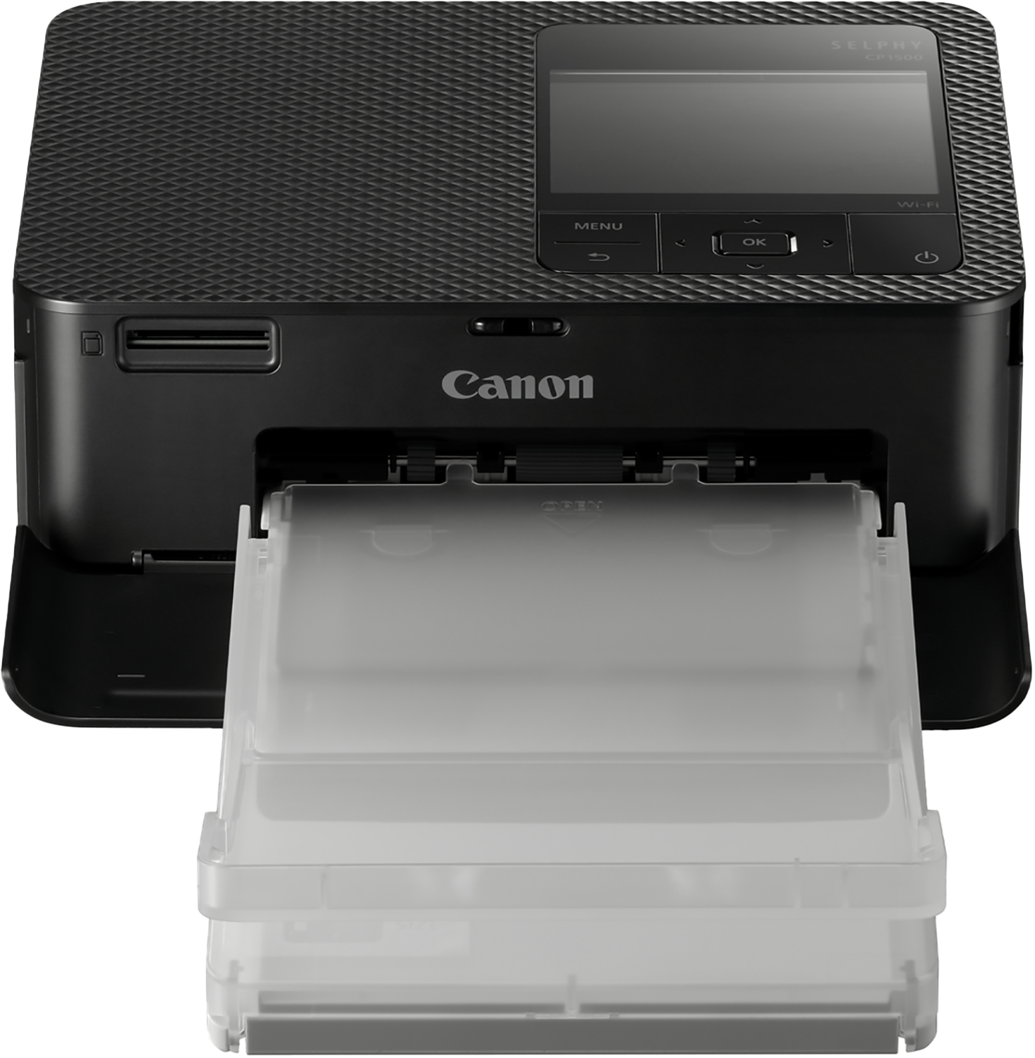Een zwarte Canon Selphy CP1500 fotoprinter met een uitgeschoven transparante papierlade.