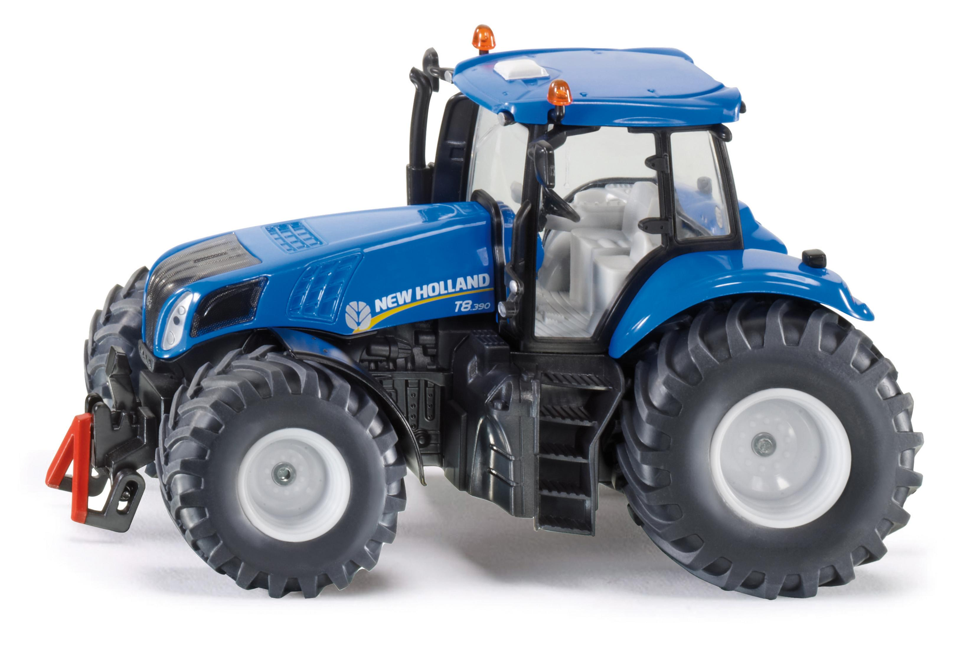 Niebieski model traktora New Holland TB390. Jest to szczegółowy model w skali na białym tle.