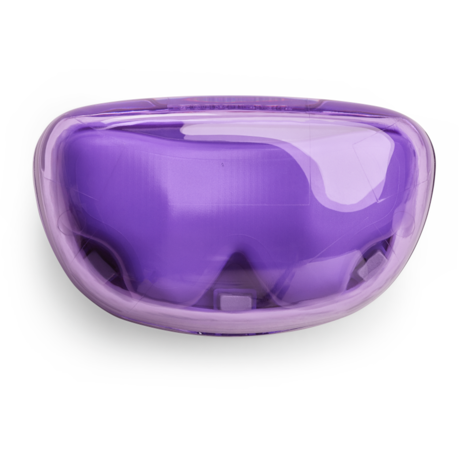 Fioletowe etui na aparat ortodontyczny, widok z góry. Przezroczysty plastik z fioletowym wnętrzem i pokrywką.