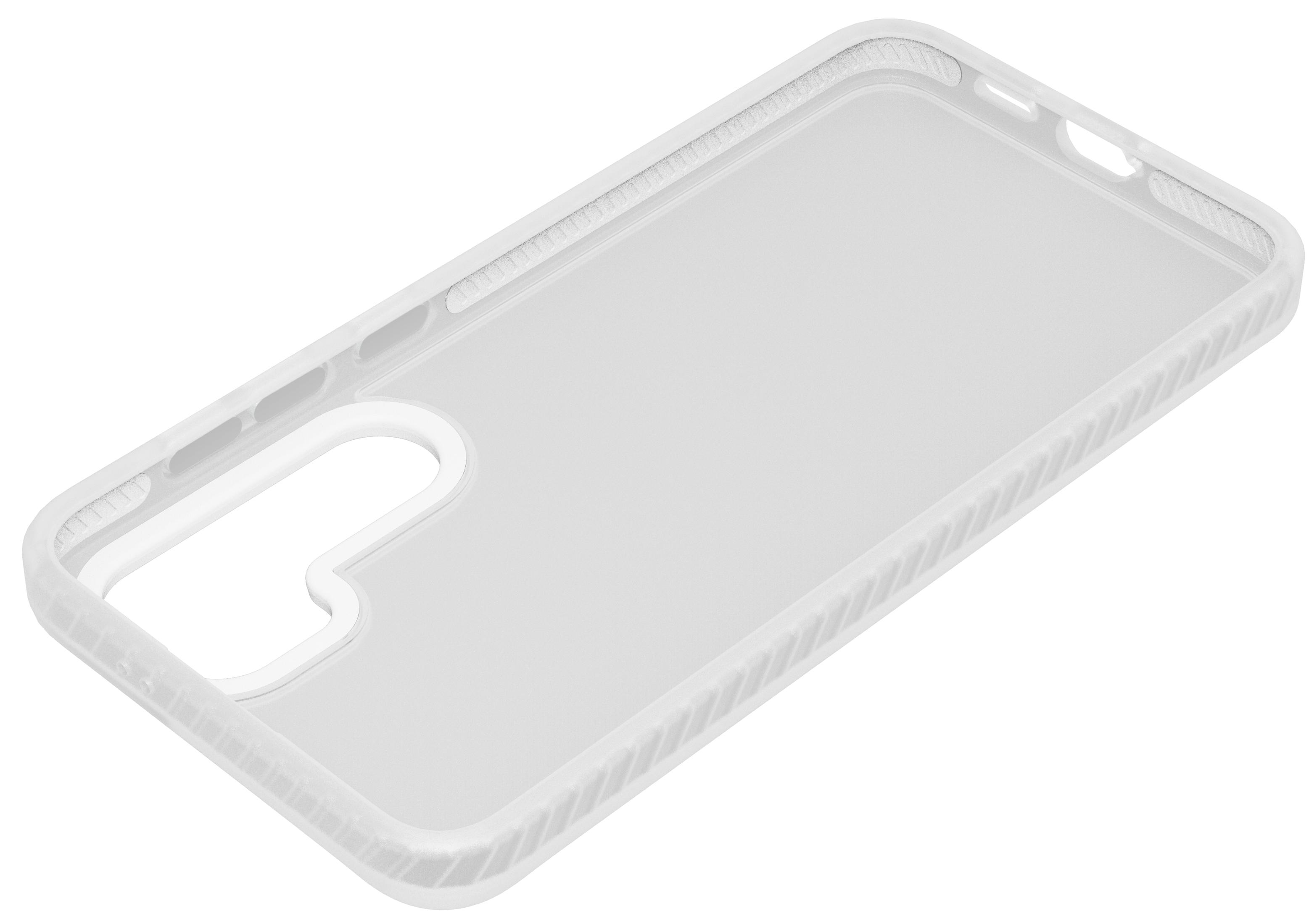 Eine transparente Schutzhülle für ein Telefon wird vor weißem Hintergrund gezeigt. Die Hülle hat einen strukturierten Rahmen.