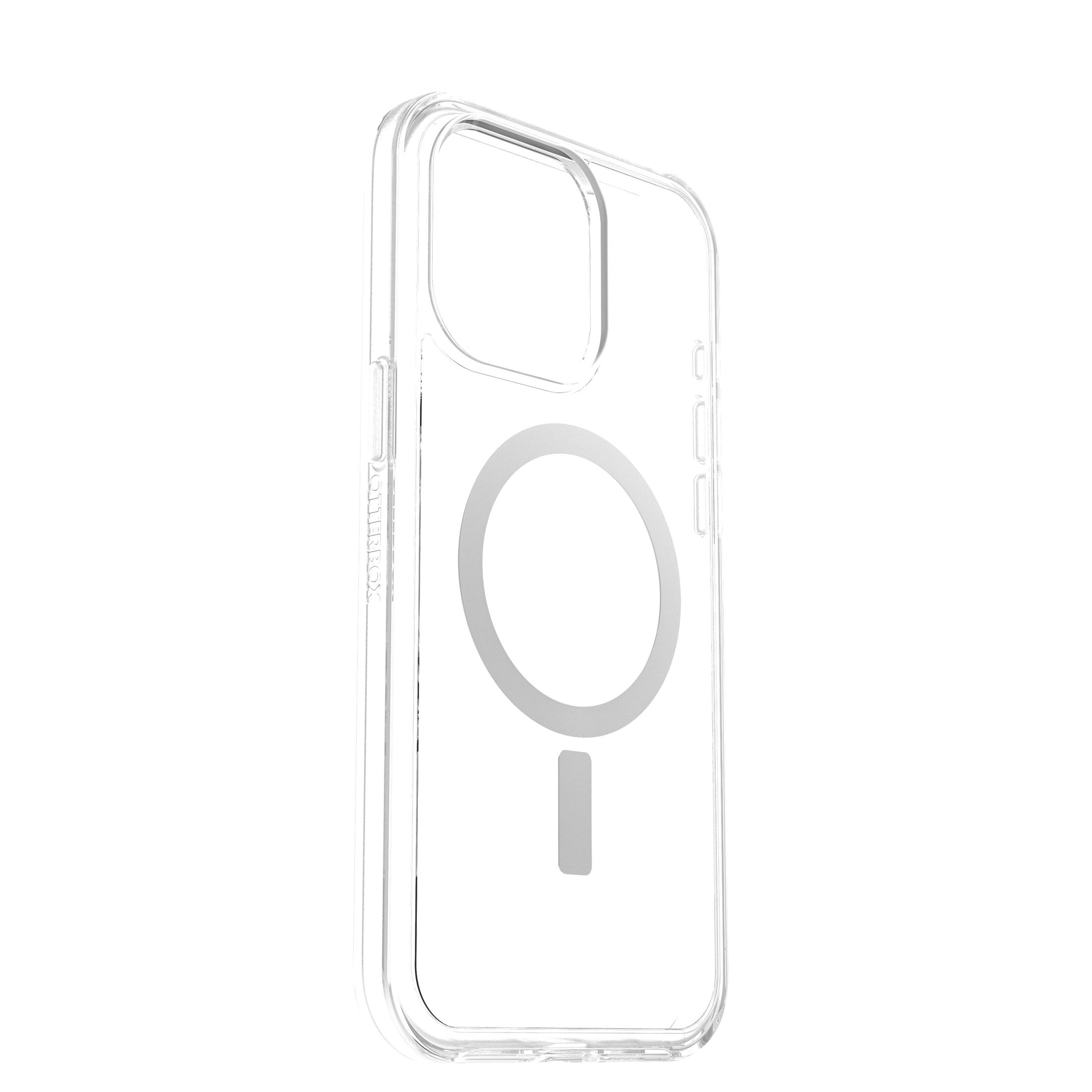 Transparante iPhone-hoes met MagSafe-ring, tegen een witte achtergrond.