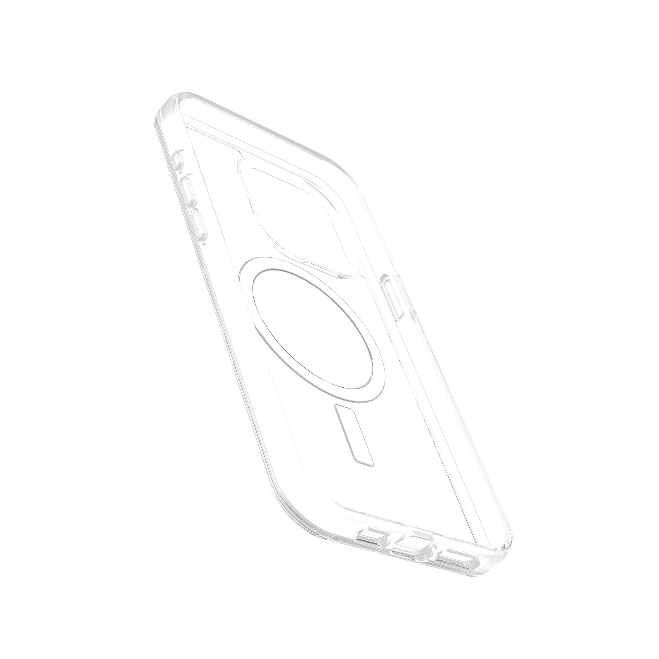 Een doorzichtige telefoonhoes met een uitsparing voor de camera en een MagSafe-cirkel. Witte achtergrond.