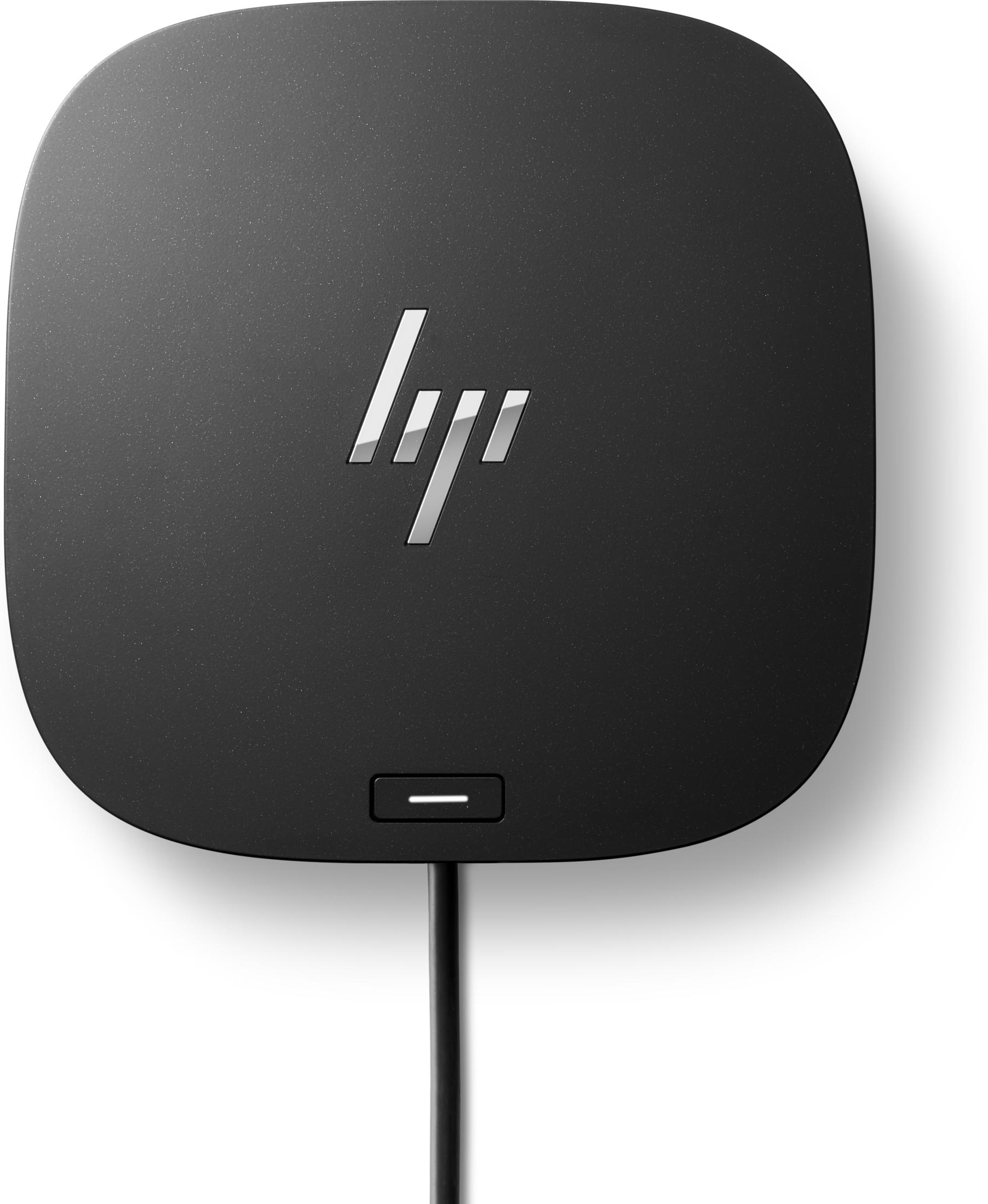 Schwarzes, abgerundetes quadratisches HP-Gerät mit HP-Logo. Es hat einen Netzschalter und ein Kabel.
