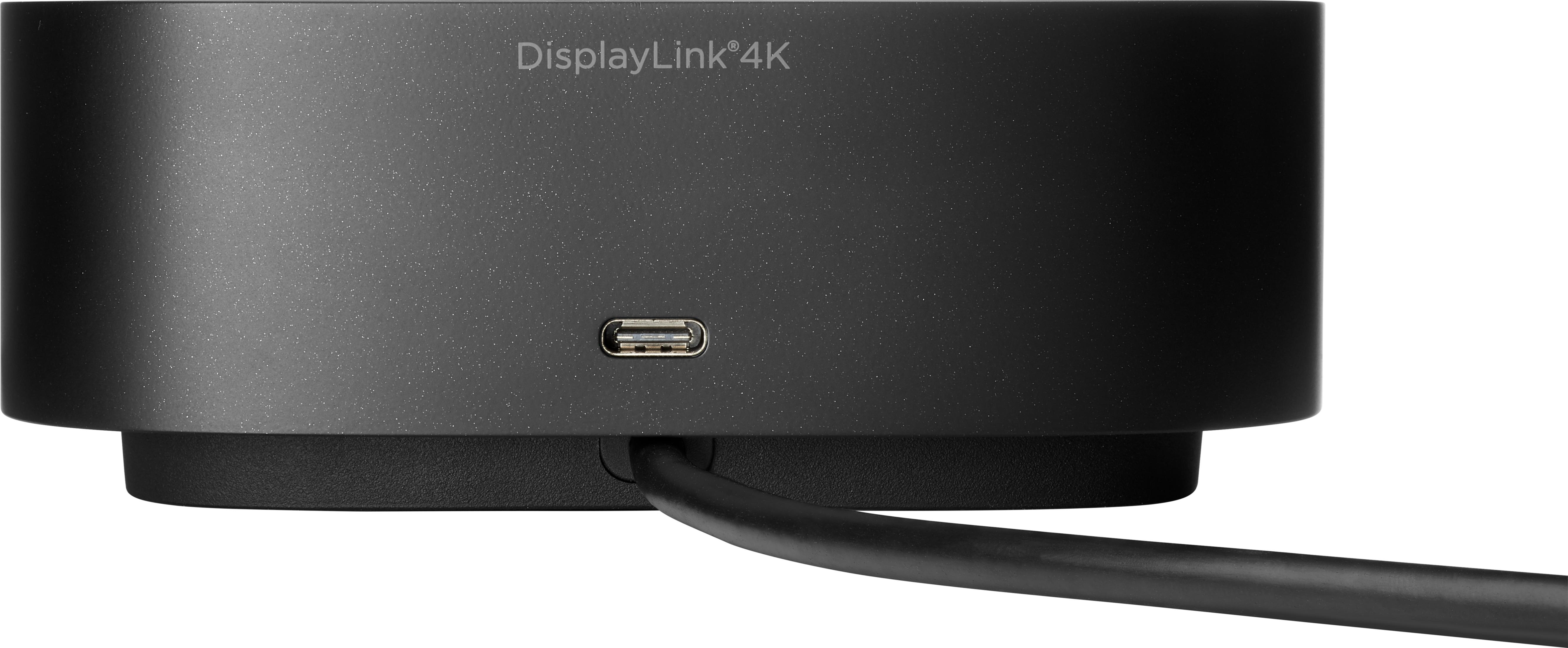 Schwarze DisplayLink 4K-Dockingstation. USB-C-Anschluss unten sichtbar.