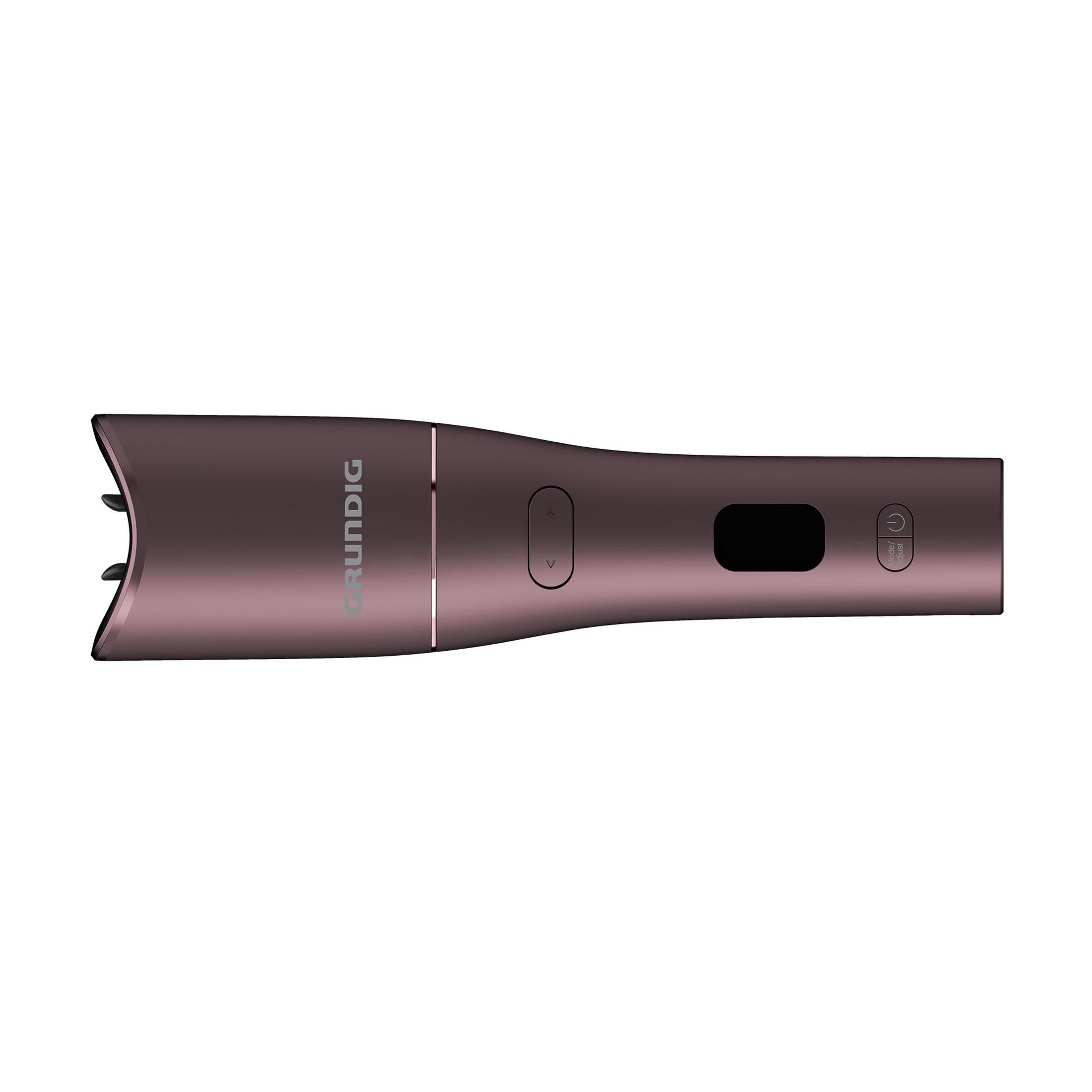 Strumento per capelli Grundig oro rosa su superficie bianca, con pulsanti e nome del marchio.