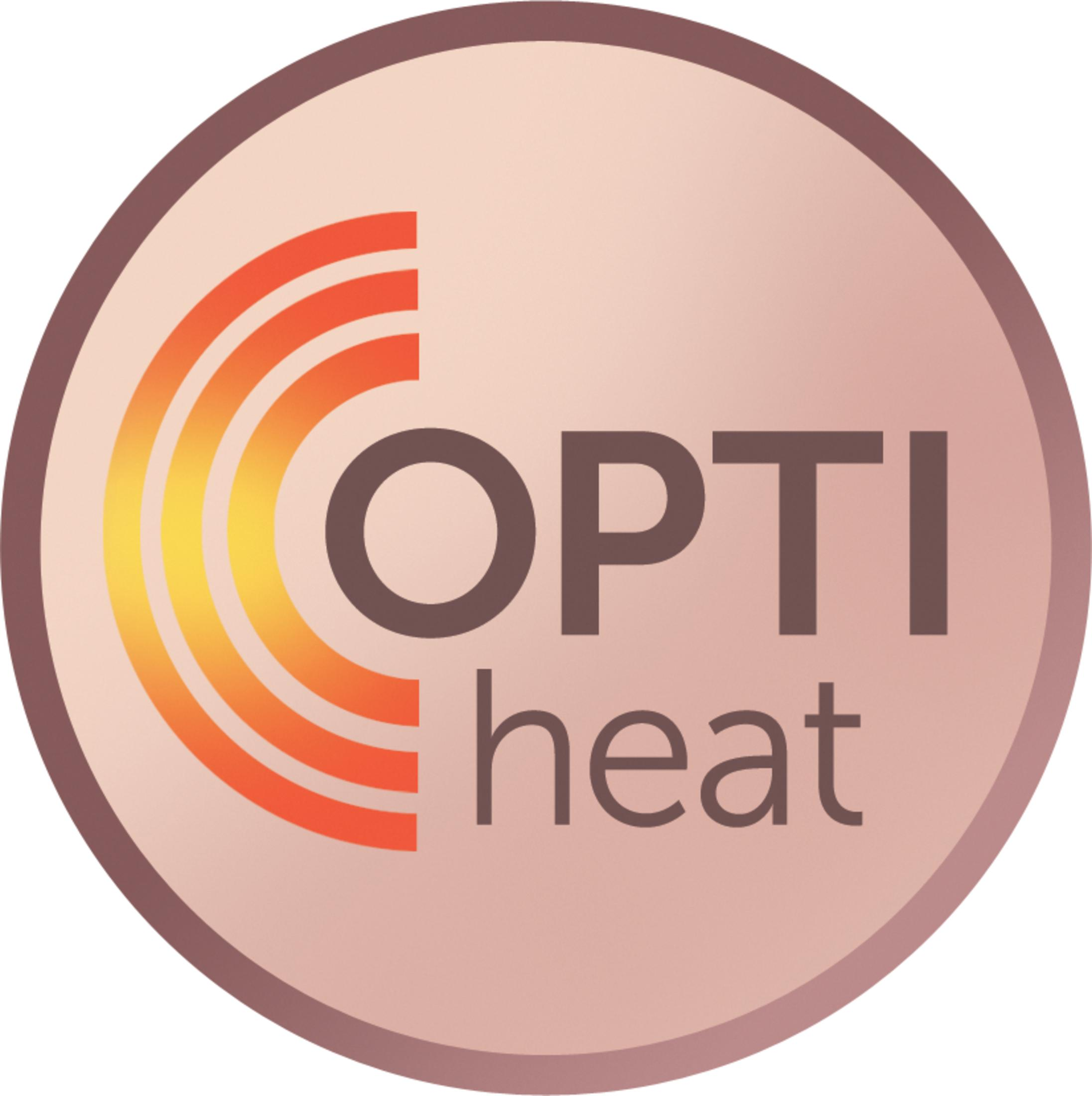 Okrągłe logo z pomarańczowymi i czerwonymi łukami, tekst 'OPTI heat'. Różowe tło.