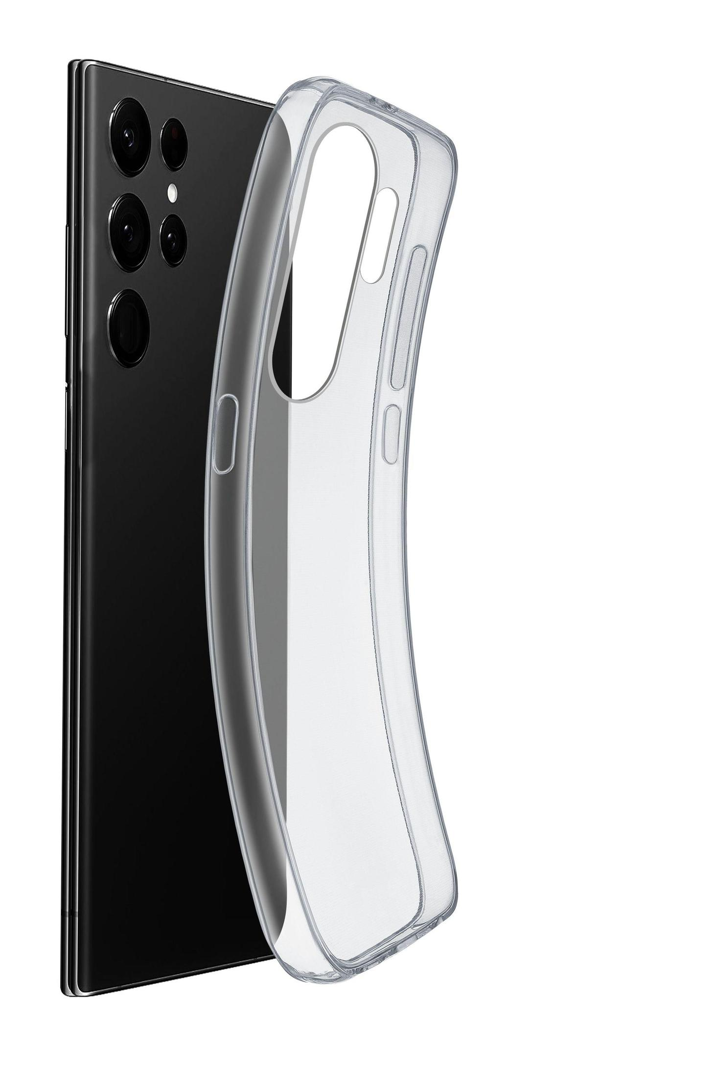 Smartphone nero con custodia trasparente. La custodia è tenuta accanto al telefono.