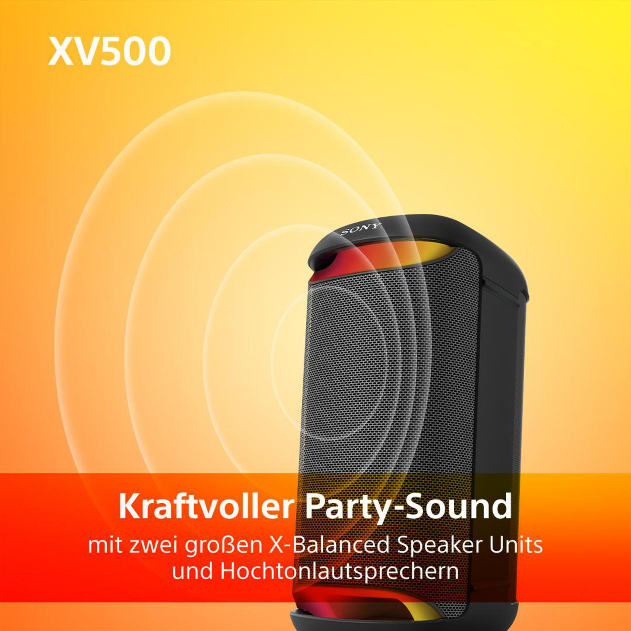 Schwarzer Lautsprecher mit Mesh-Front, beleuchtet von gelben und orangen Lichtern, mit dem Schriftzug Kraftvoller Party-Sound.