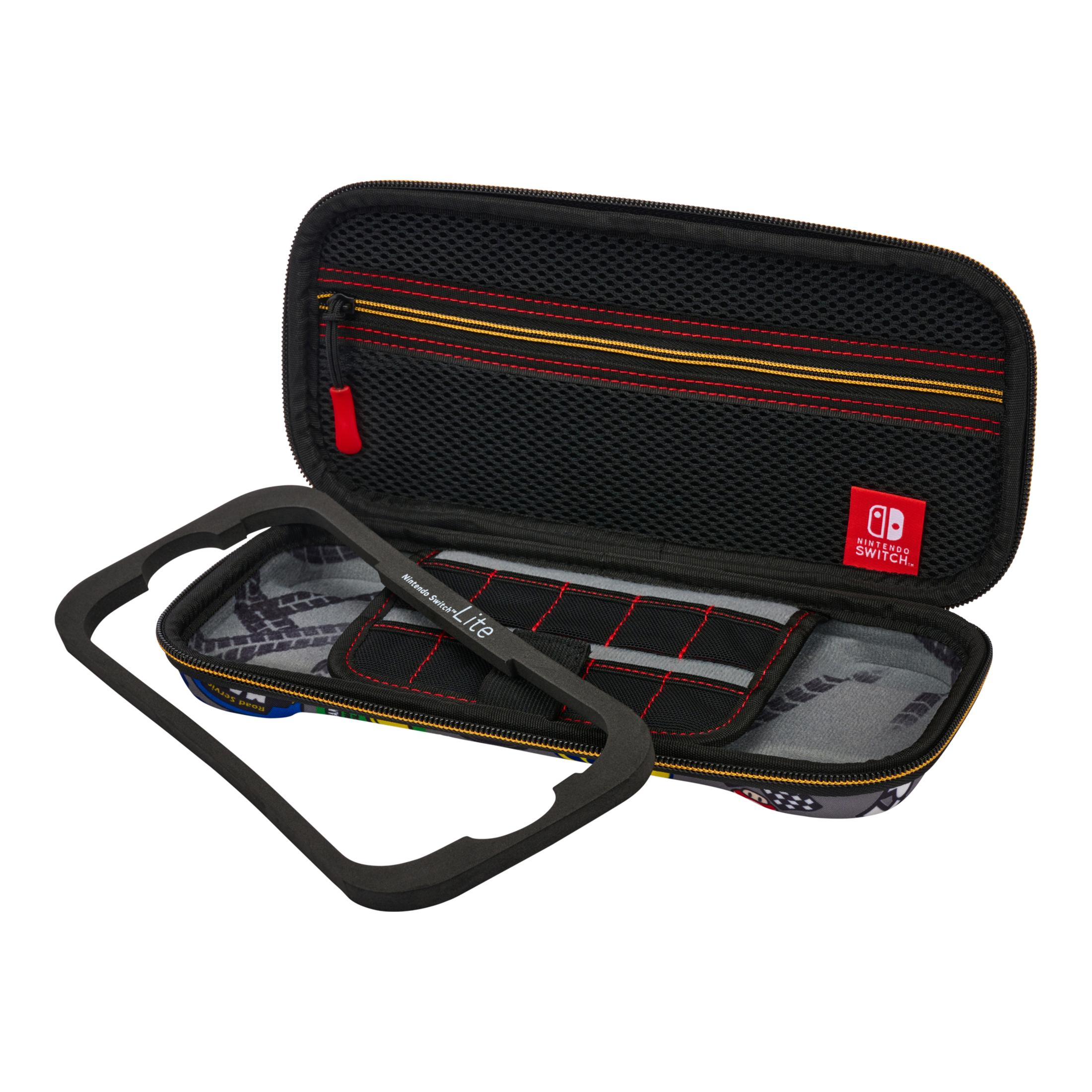Otwarty futerał Nintendo Switch Lite z konsolą do gier i akcesoriami w środku.