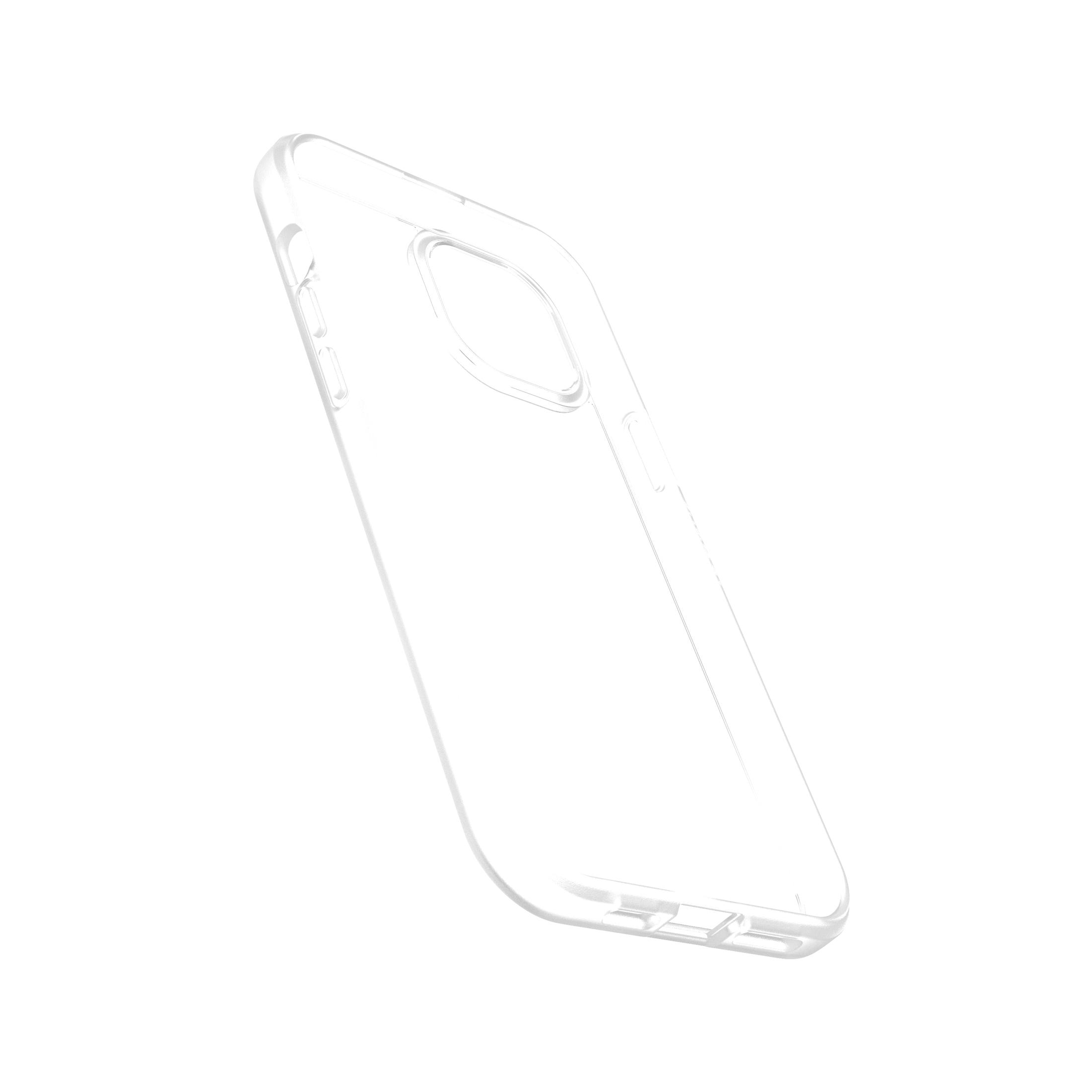 Une coque de téléphone transparente et claire, inclinée sur un fond blanc.