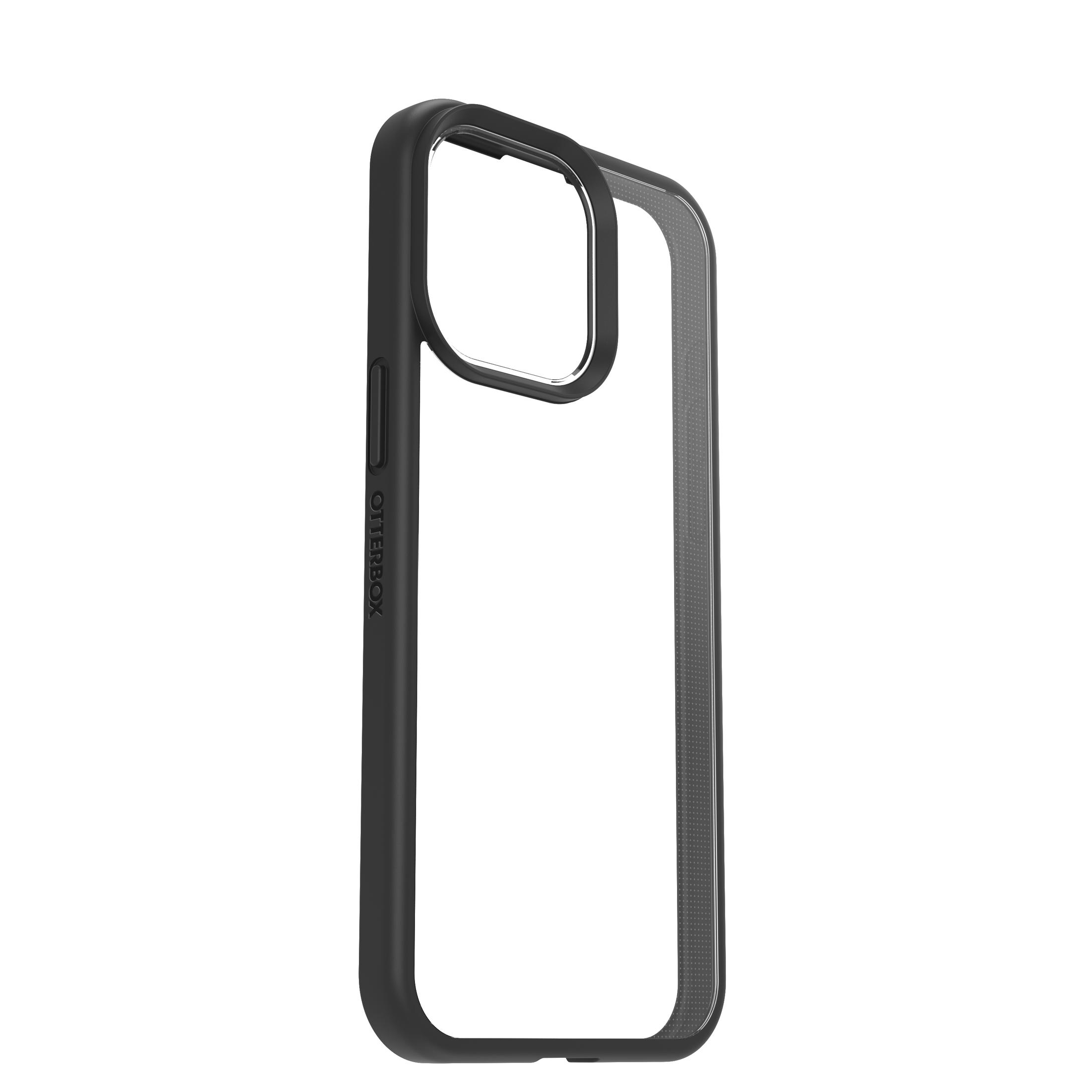 Coque de téléphone noire et transparente, vue latérale.