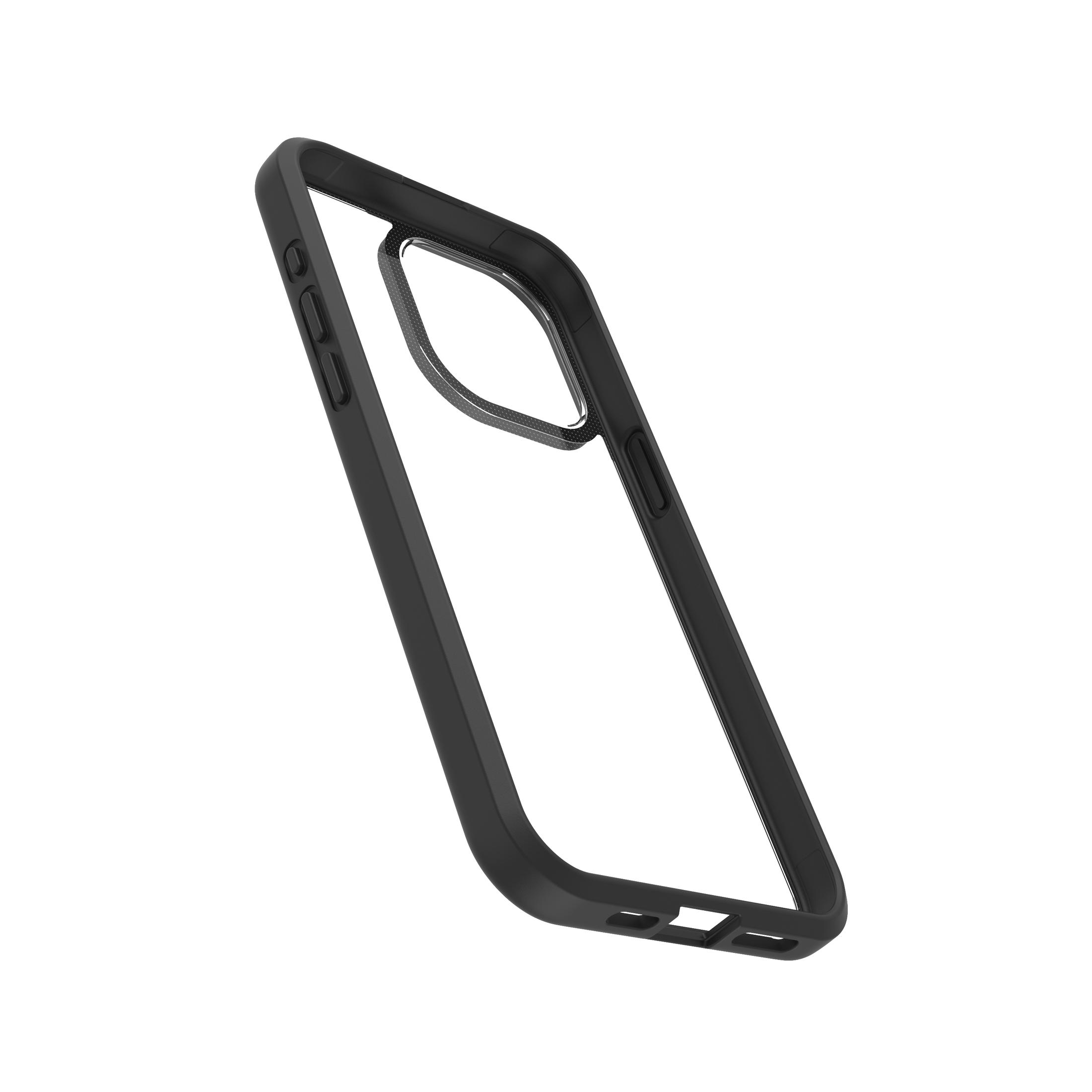 Coque de téléphone noire, centre transparent. Vue en angle. Le fond est blanc.