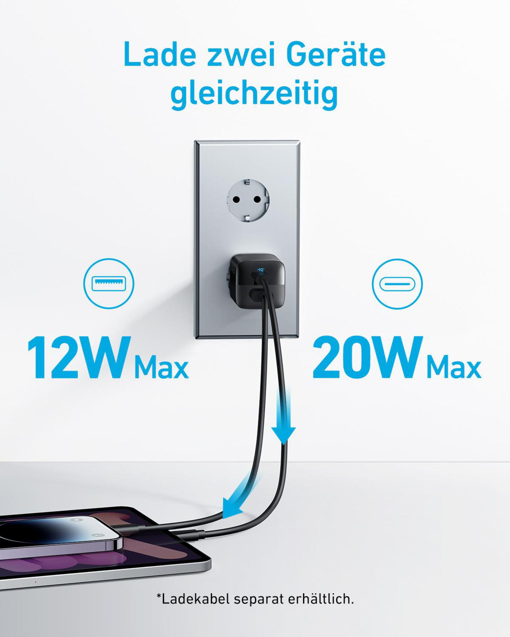 Prise murale chargeant deux appareils. USB-A (12W), USB-C (20W). Chargeur noir, fond blanc.