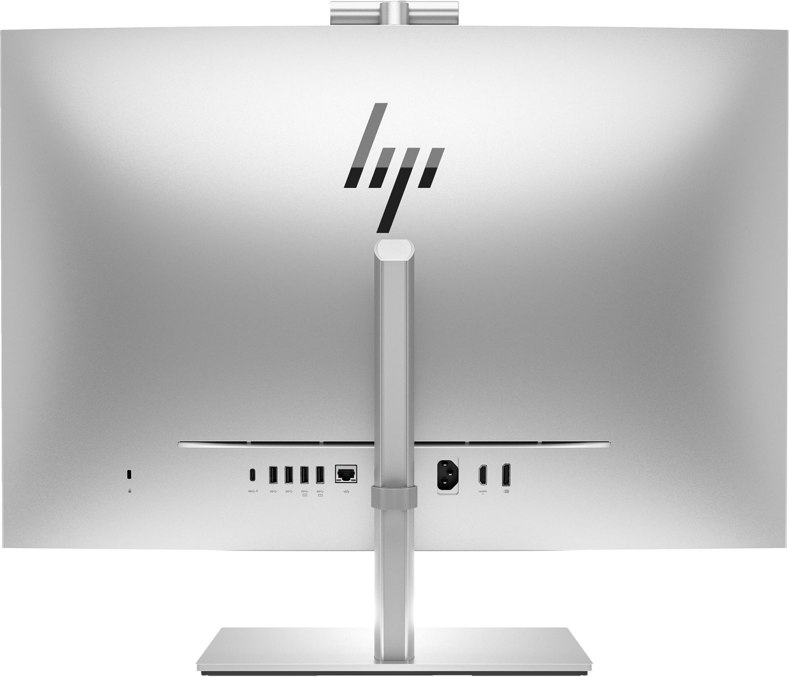 La parte posteriore di un monitor per computer HP argentato.